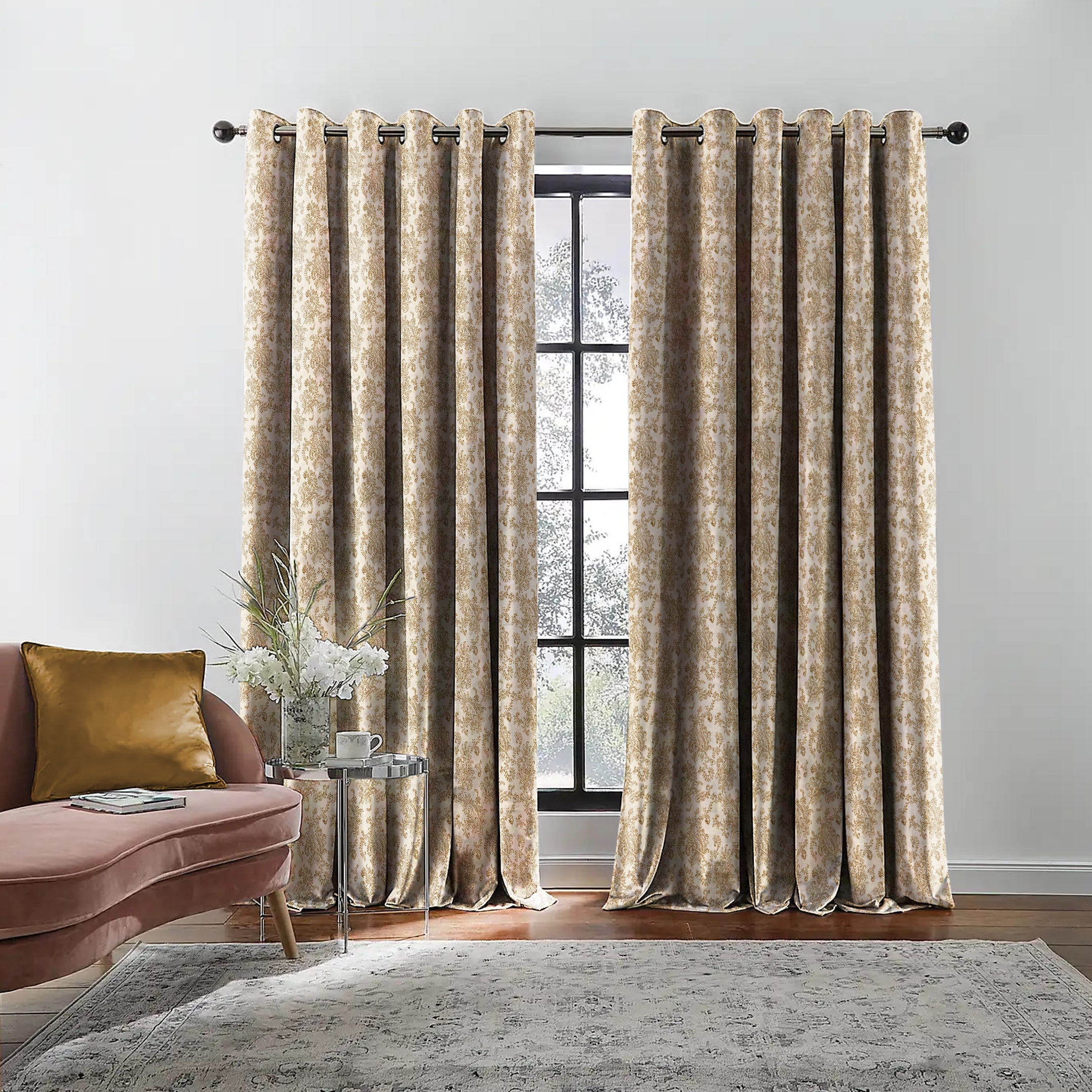 JODHPUR FLOWERS BLACKOUT CURTAIN WHITE AND CAMEL