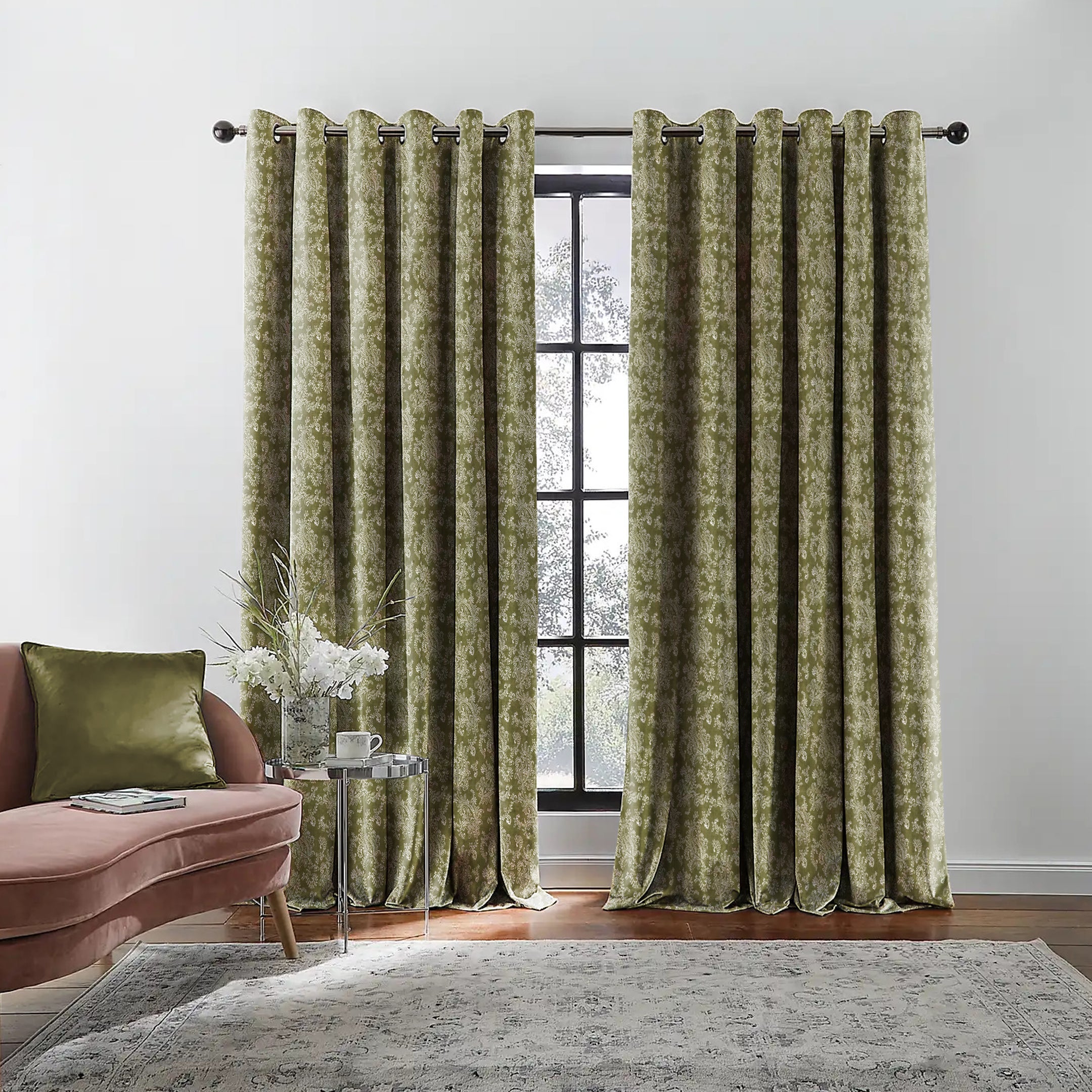 JODHPUR FLOWERS BLACKOUT CURTAIN OLIVE