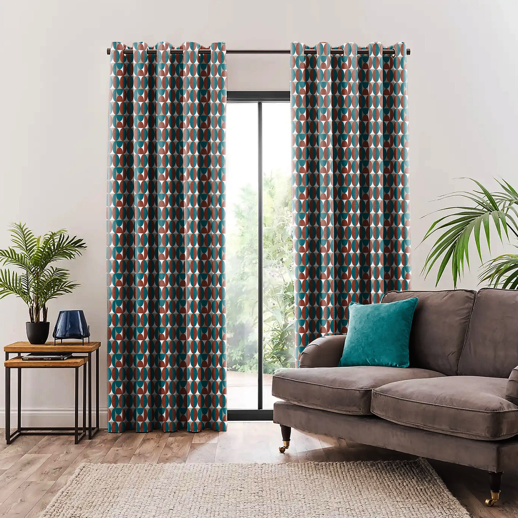 ILLUSION CIRCLE BLACKOUT CURTAIN BROWN/TEAL