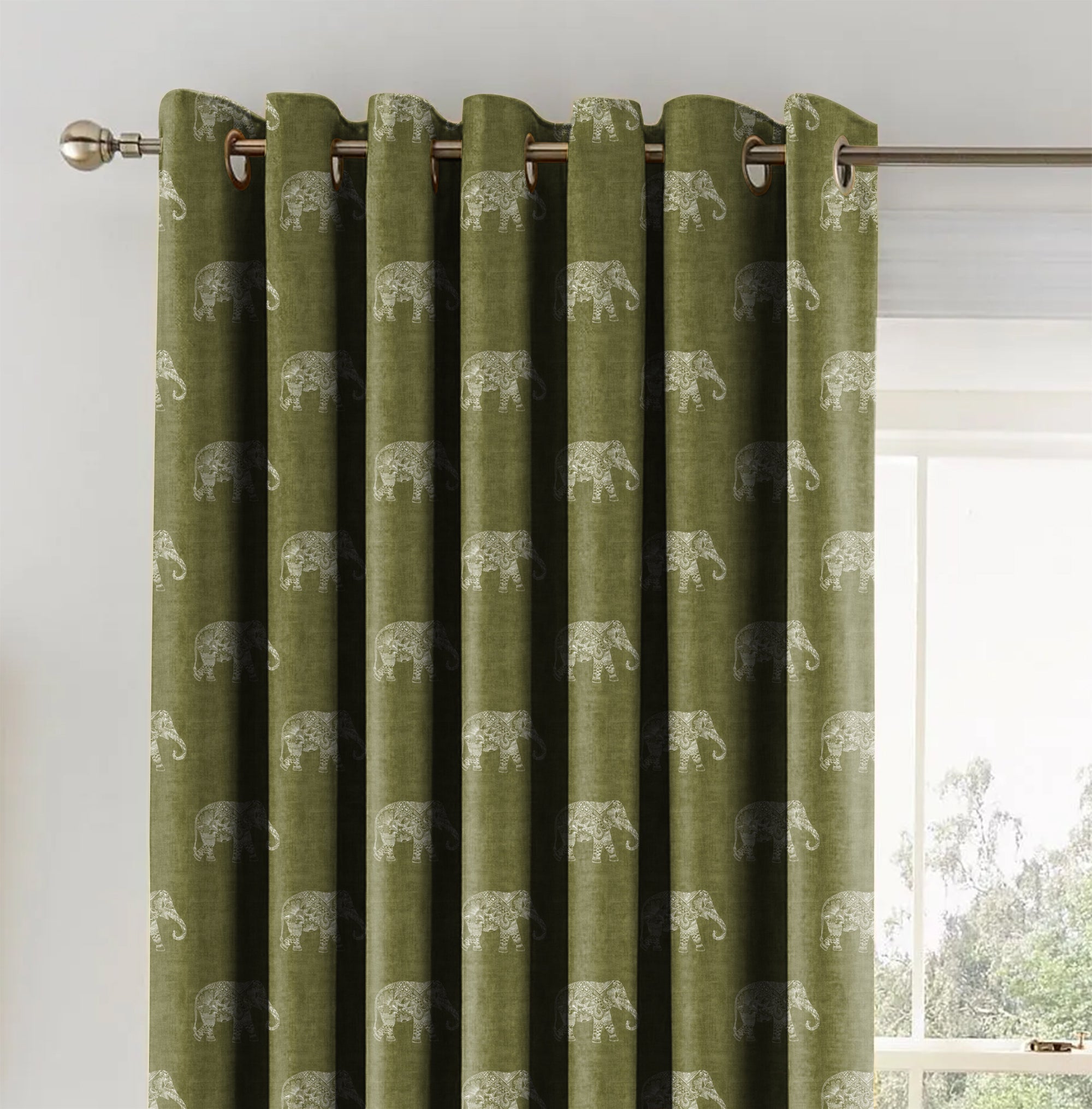 JODHPUR ELEPHANT ABBOT AQUA BLACKOUT CURTAINS OLIVE
