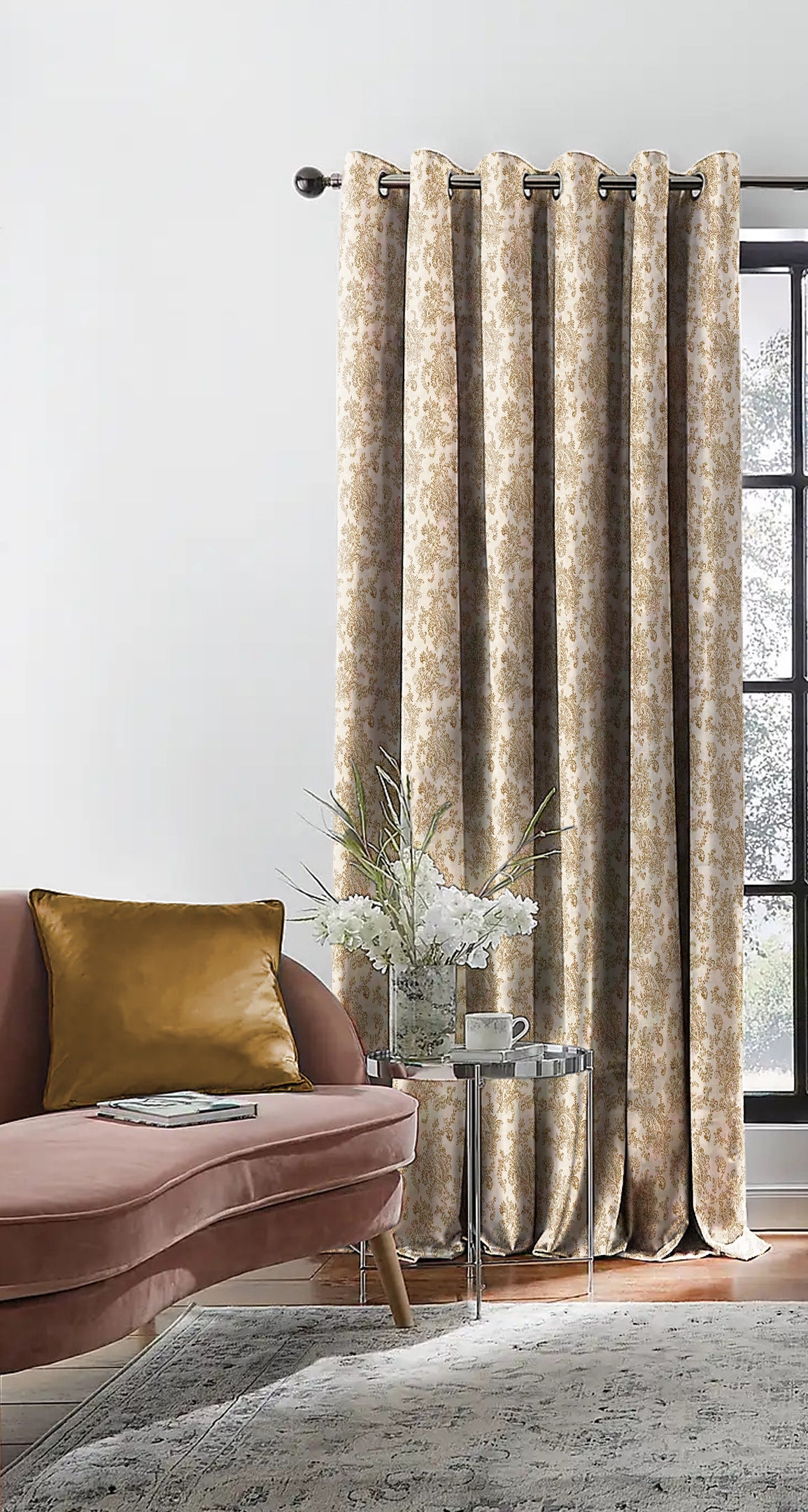 JODHPUR FLOWERS BLACKOUT CURTAIN WHITE AND CAMEL