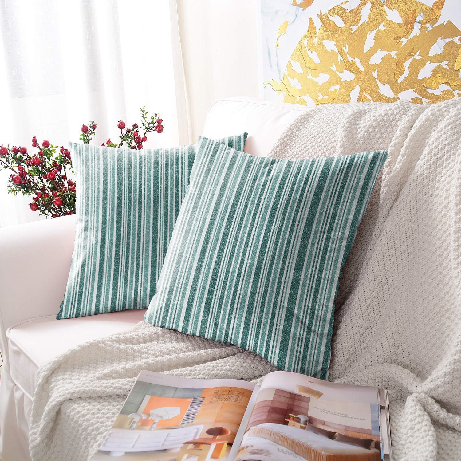 JODHPUR STRIPE DIGITAL PRINTED CUSHION COVER TEAL (Pack of 2)