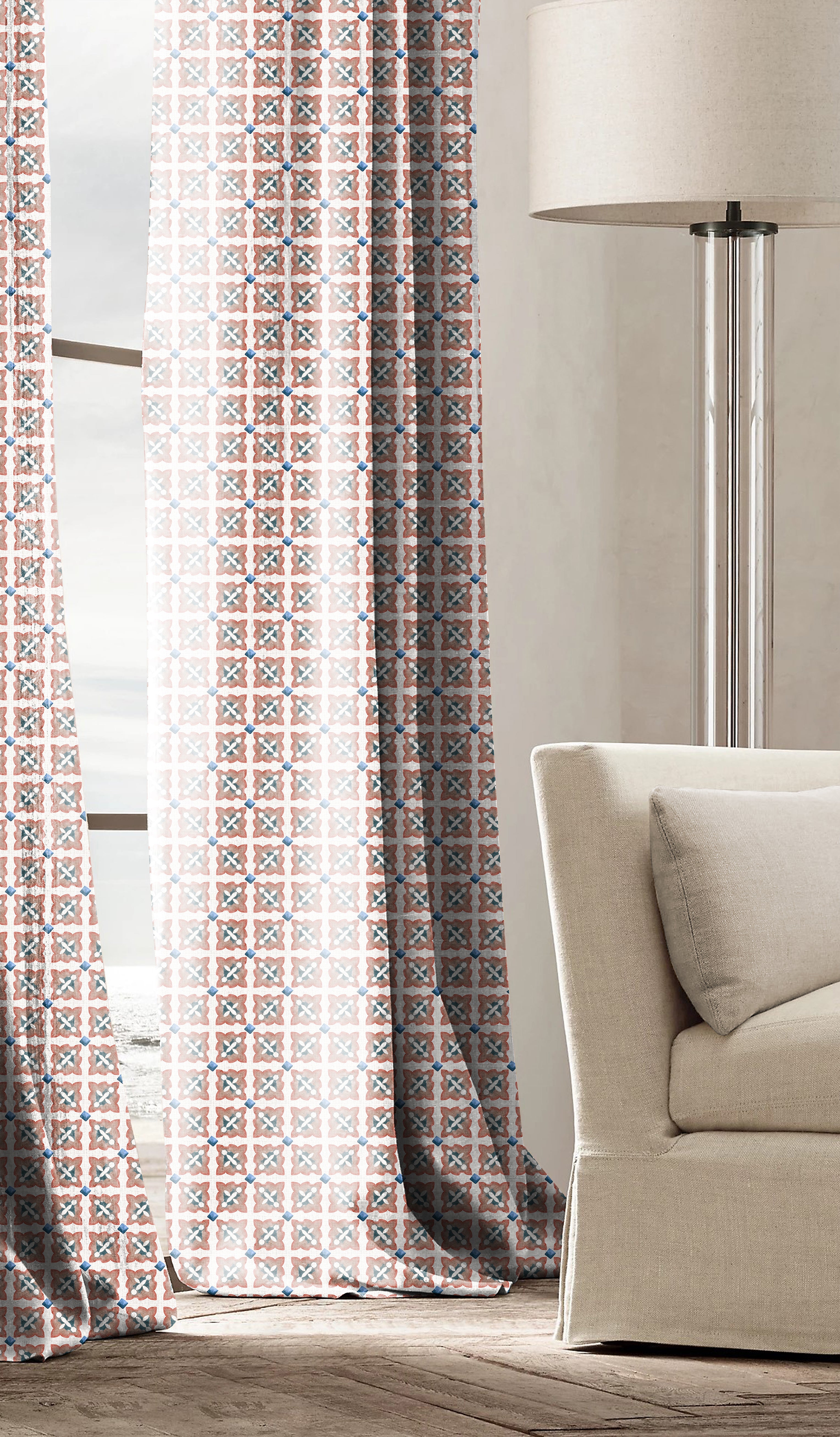 DOHA DARK BLUE ROOM DARKENING PRINTED CURTAIN