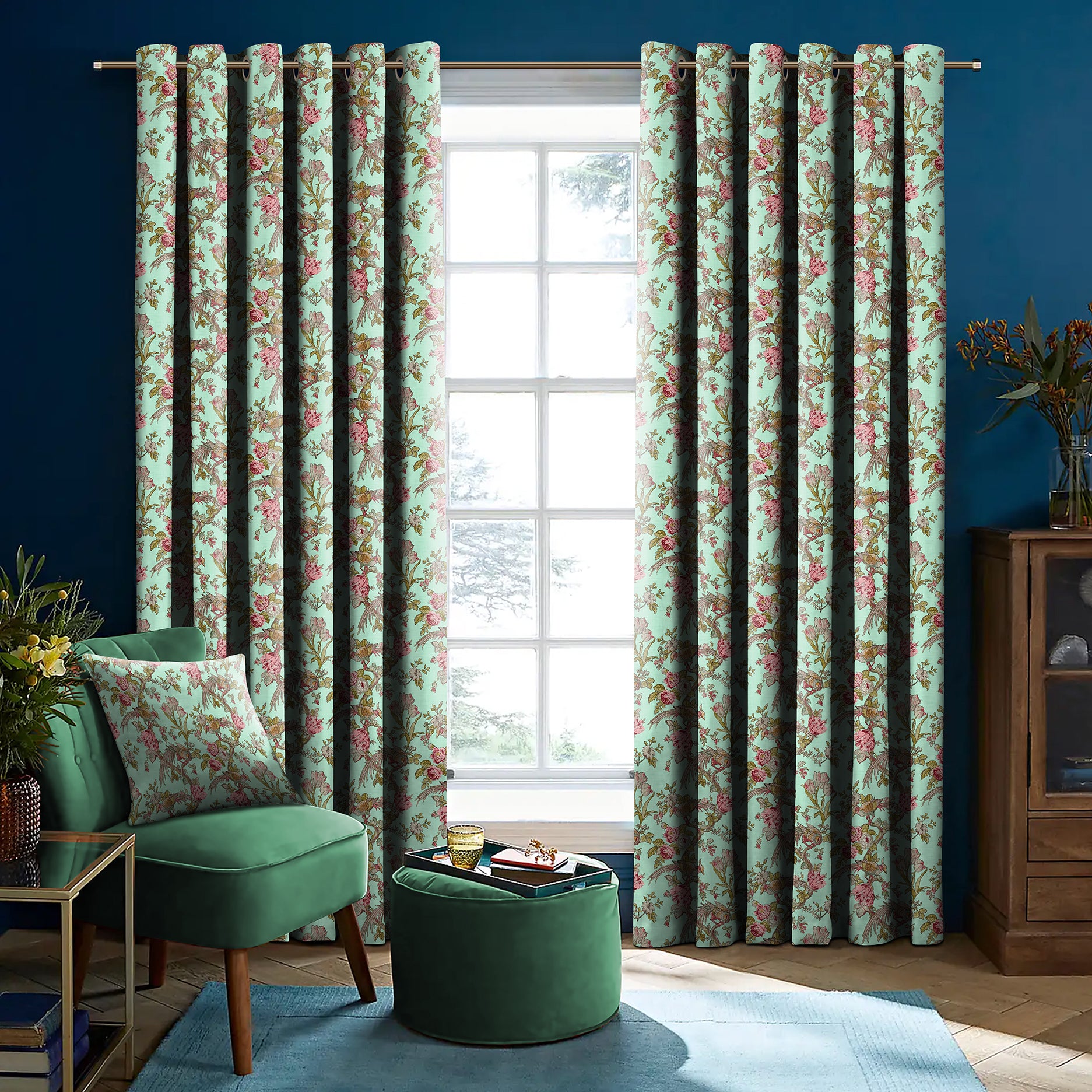 WOODLAND BIRDS SEA GREEN PINK BLACKOUT CURTAIN