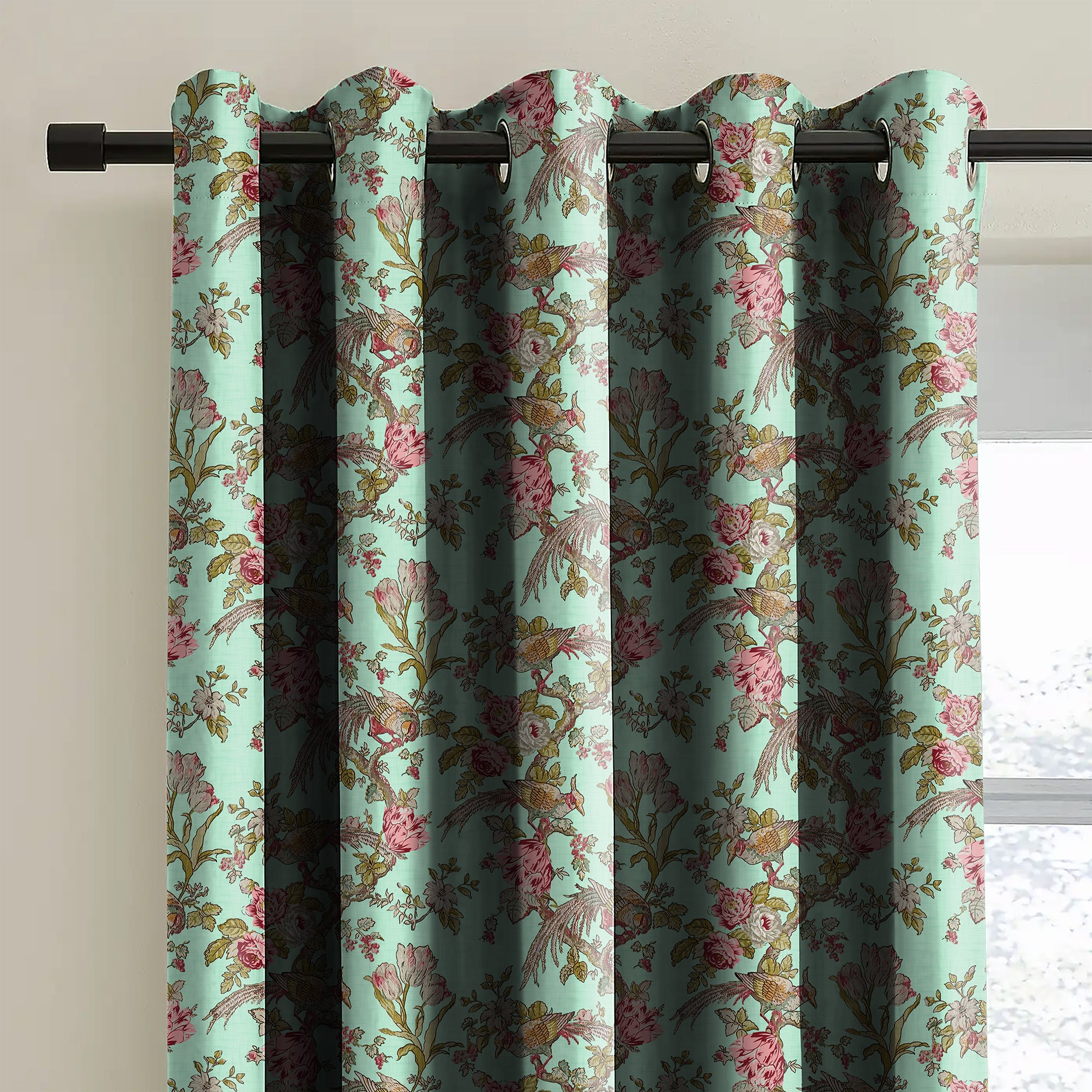 WOODLAND BIRDS SEA GREEN PINK BLACKOUT CURTAIN