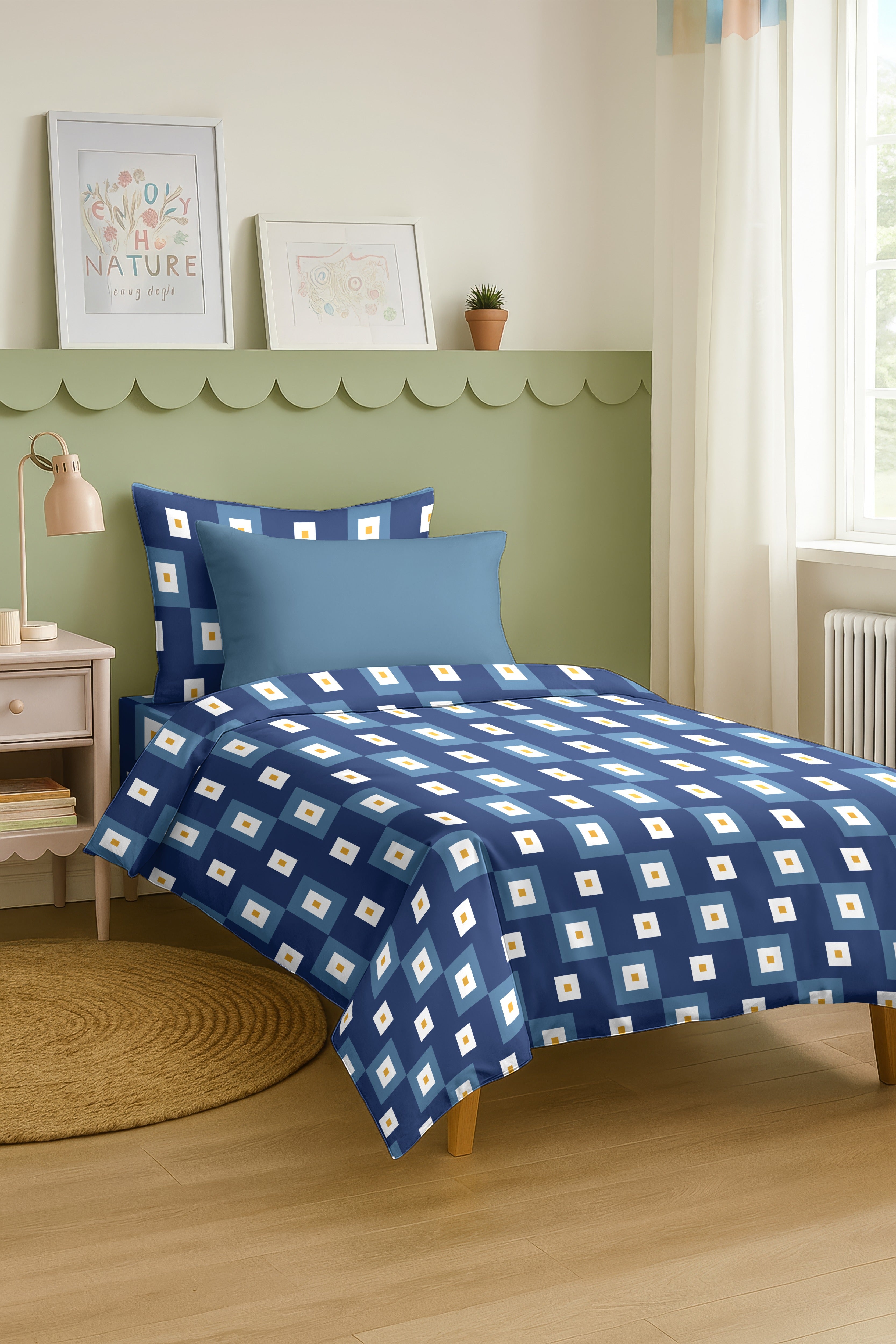 VENICE BLUE COTTON BEDSHEET WITH PILLOWCOVER