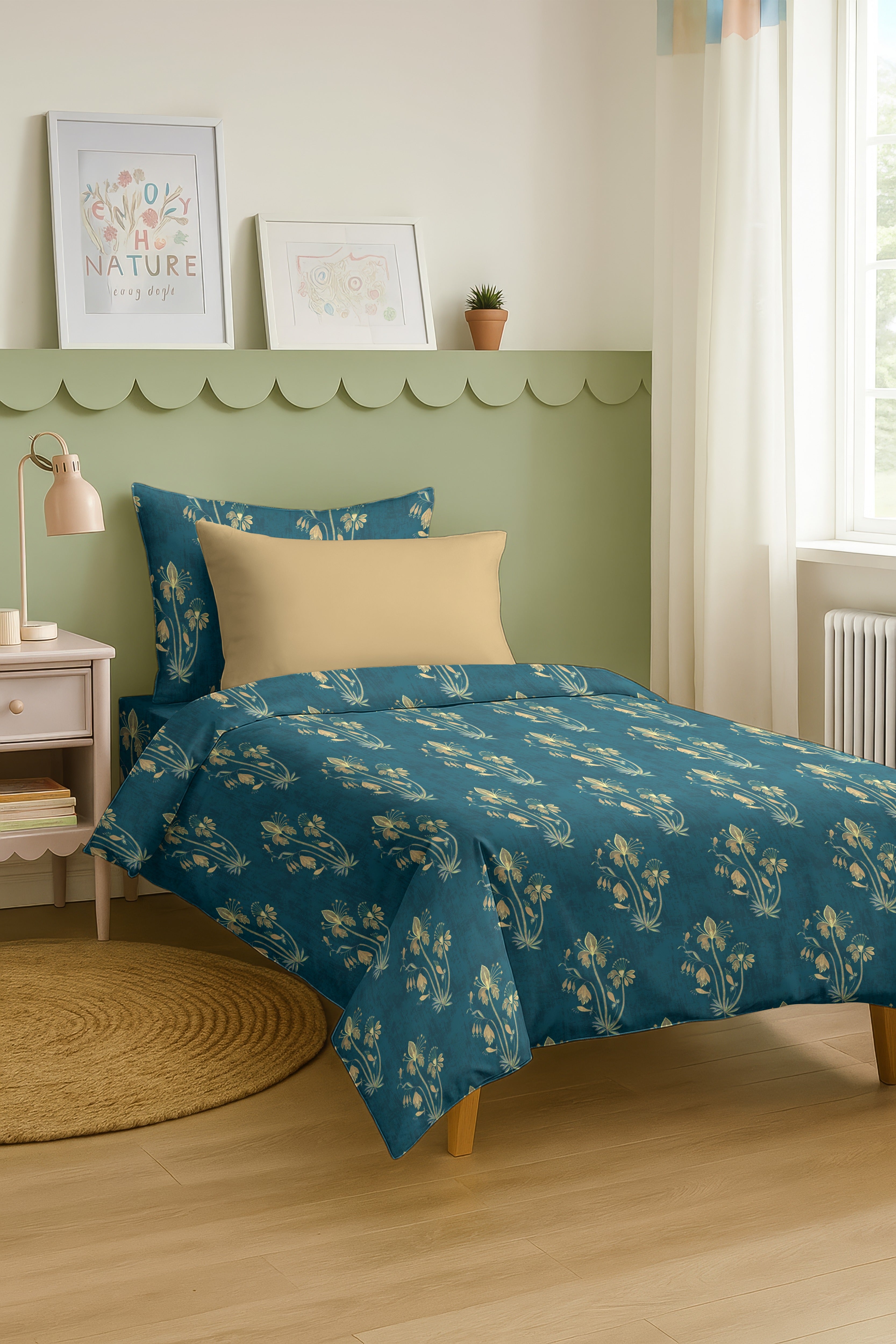 VERONA TEAL COTTON BEDSHEET WITH PILLOWCOVER