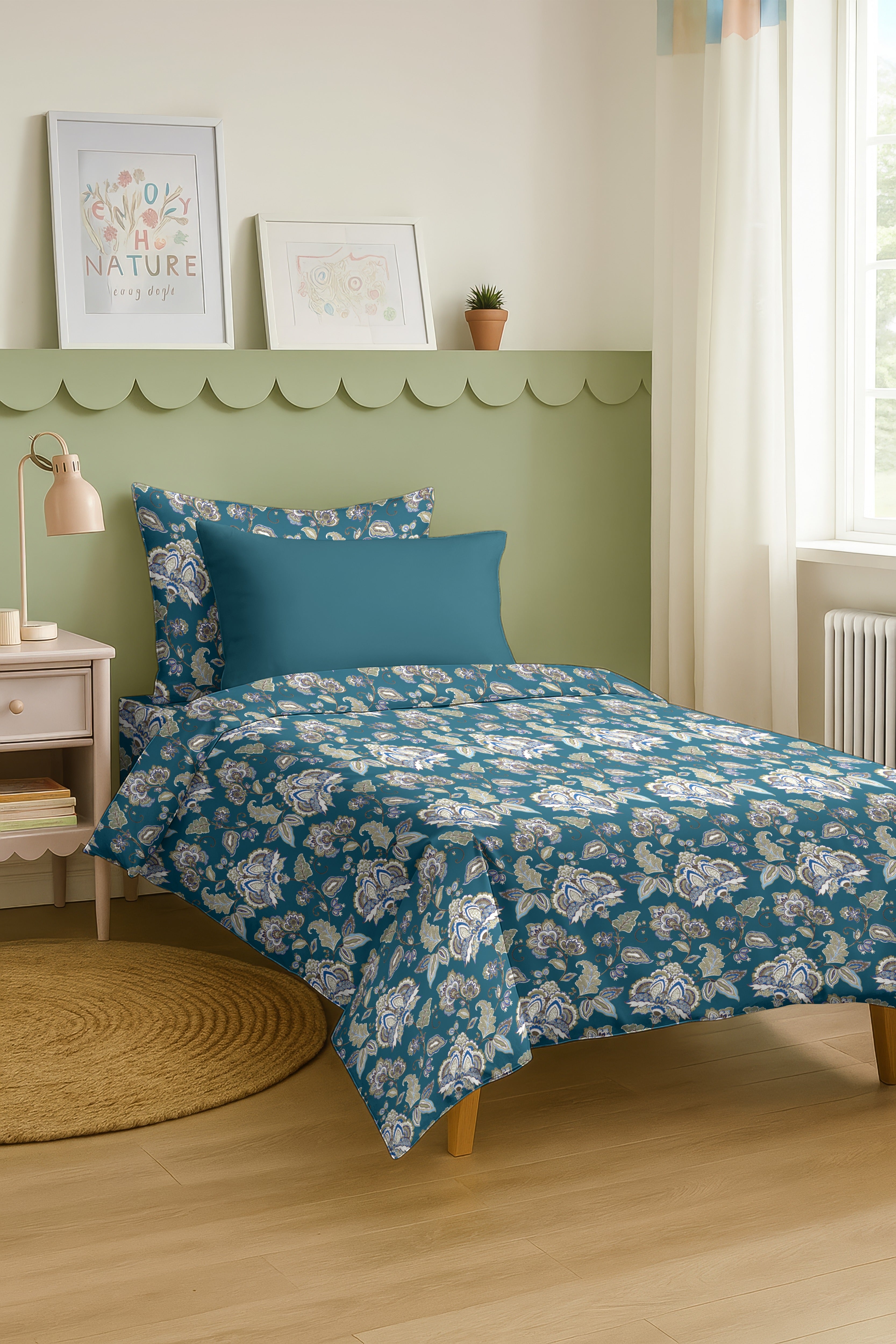 PARIS BLUE COTTON BEDSHEET WITH PILLOWCOVER