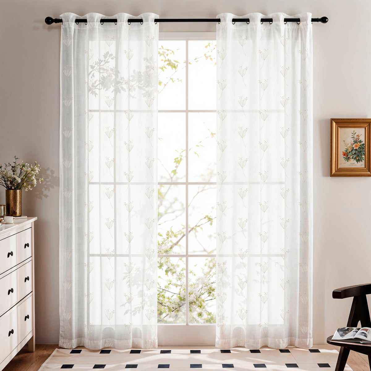 BOTANICAL STEM WHITE EMBROIDERED SHEER CURTAIN