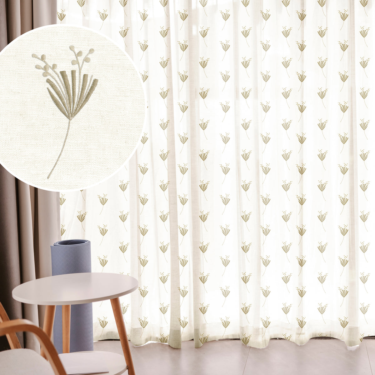 BOTANICAL STEM COFFEE EMBROIDERED SHEER CURTAIN