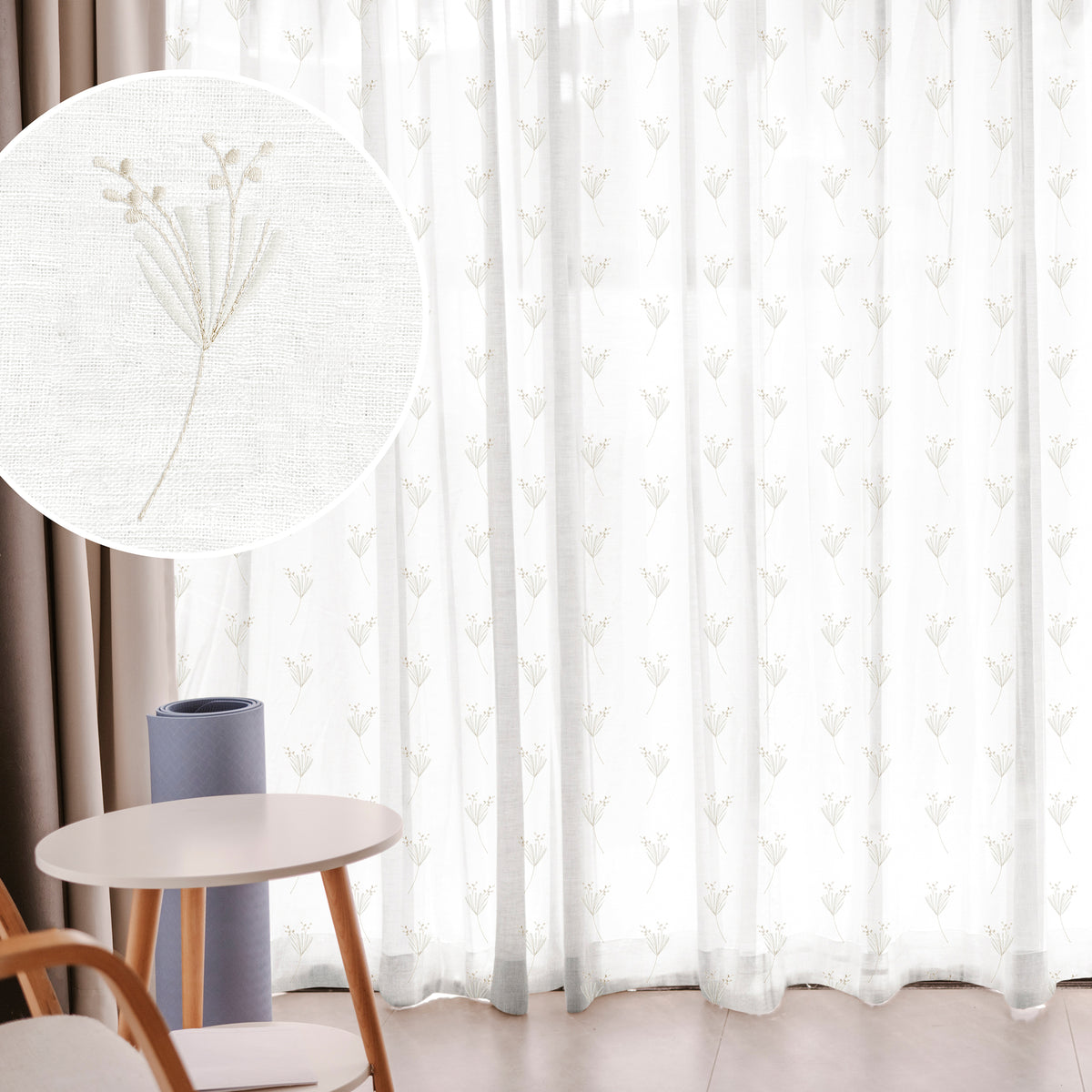 BOTANICAL STEM WHITE EMBROIDERED SHEER CURTAIN