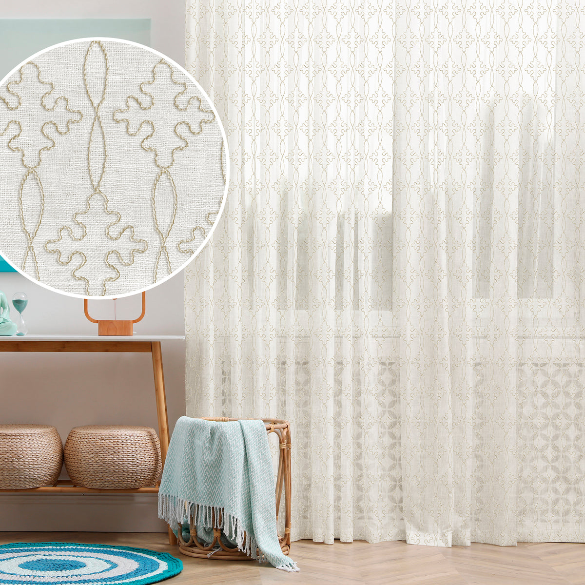 MOROCCAN CREAM EMBROIDERED SHEER CURTAIN