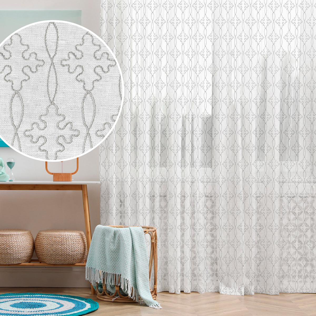 MOROCCAN GREY EMBROIDERED SHEER CURTAIN