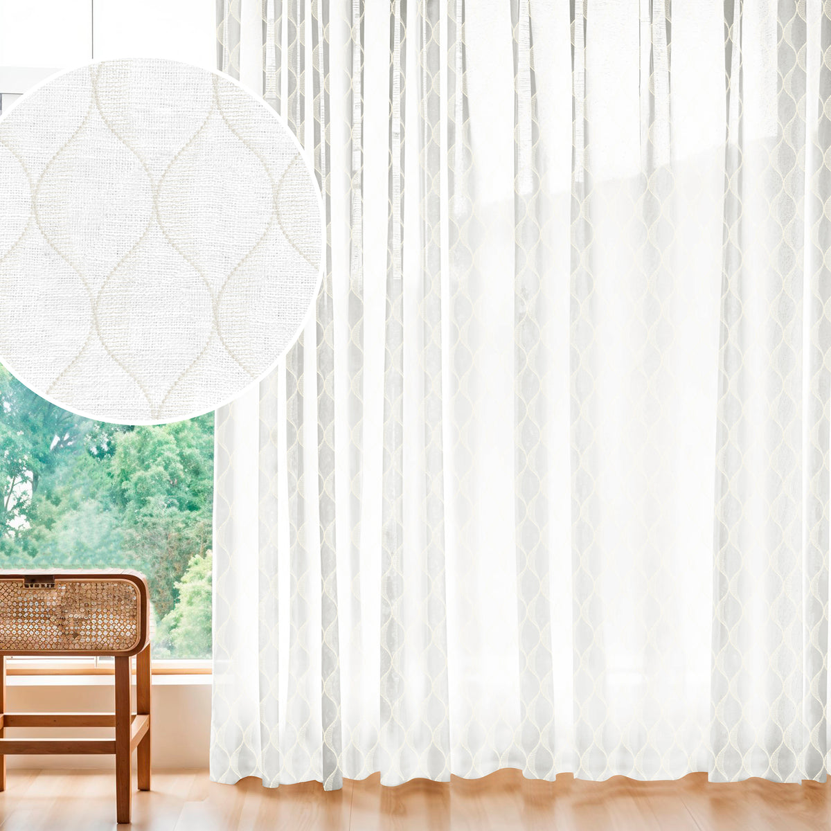 OGEE WAVE WHITE EMBROIDERED SHEER CURTAIN