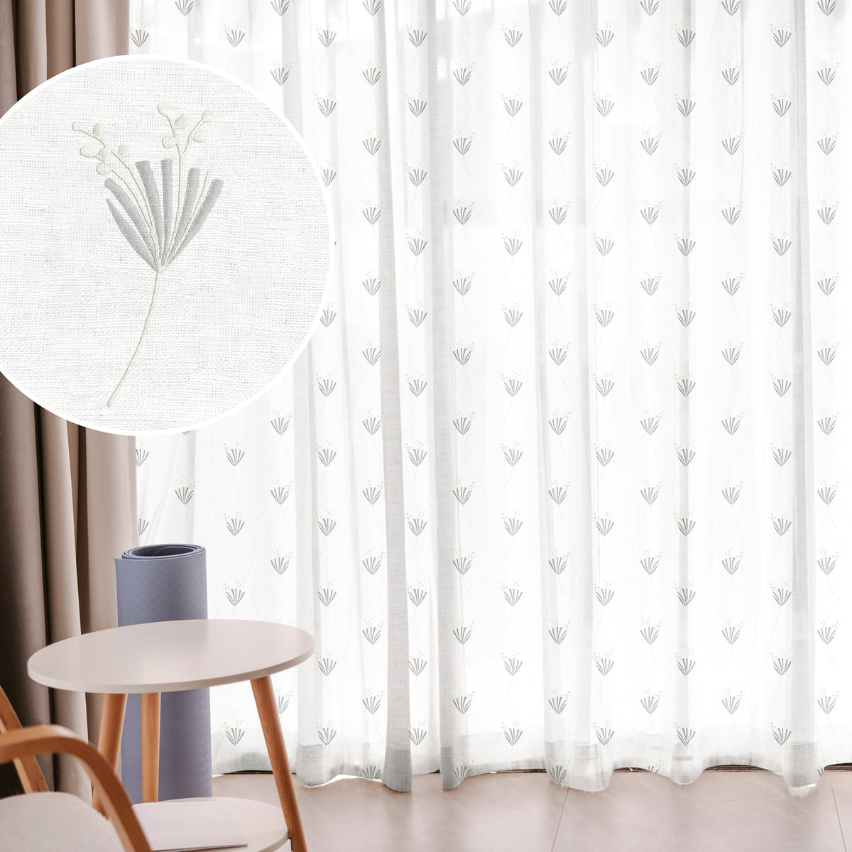 BOTANICAL STEM GREY EMBROIDERED SHEER CURTAIN