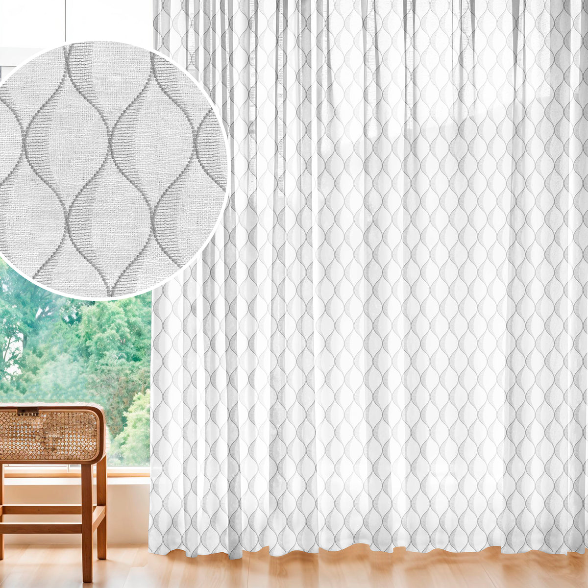 OGEE WAVE GREY EMBROIDERED SHEER CURTAIN