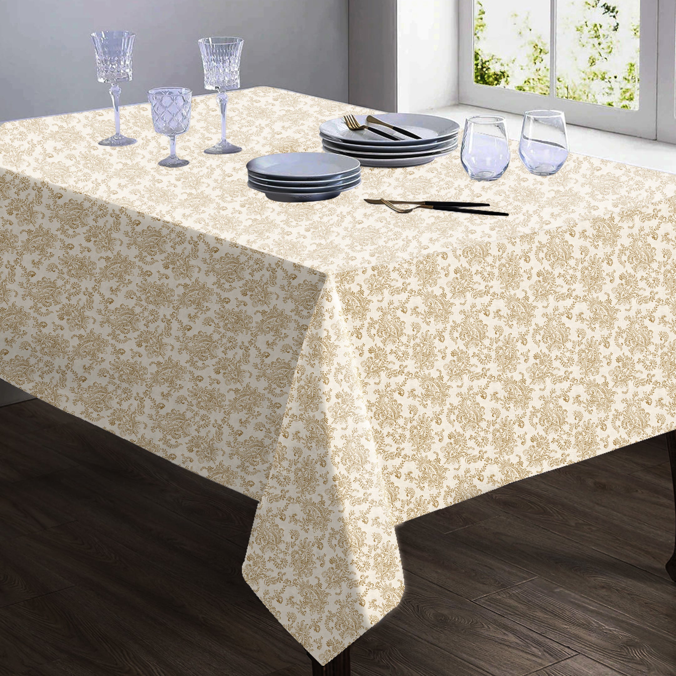 Jodhpur Flowers 6 Seater Table Cloth White And Camel