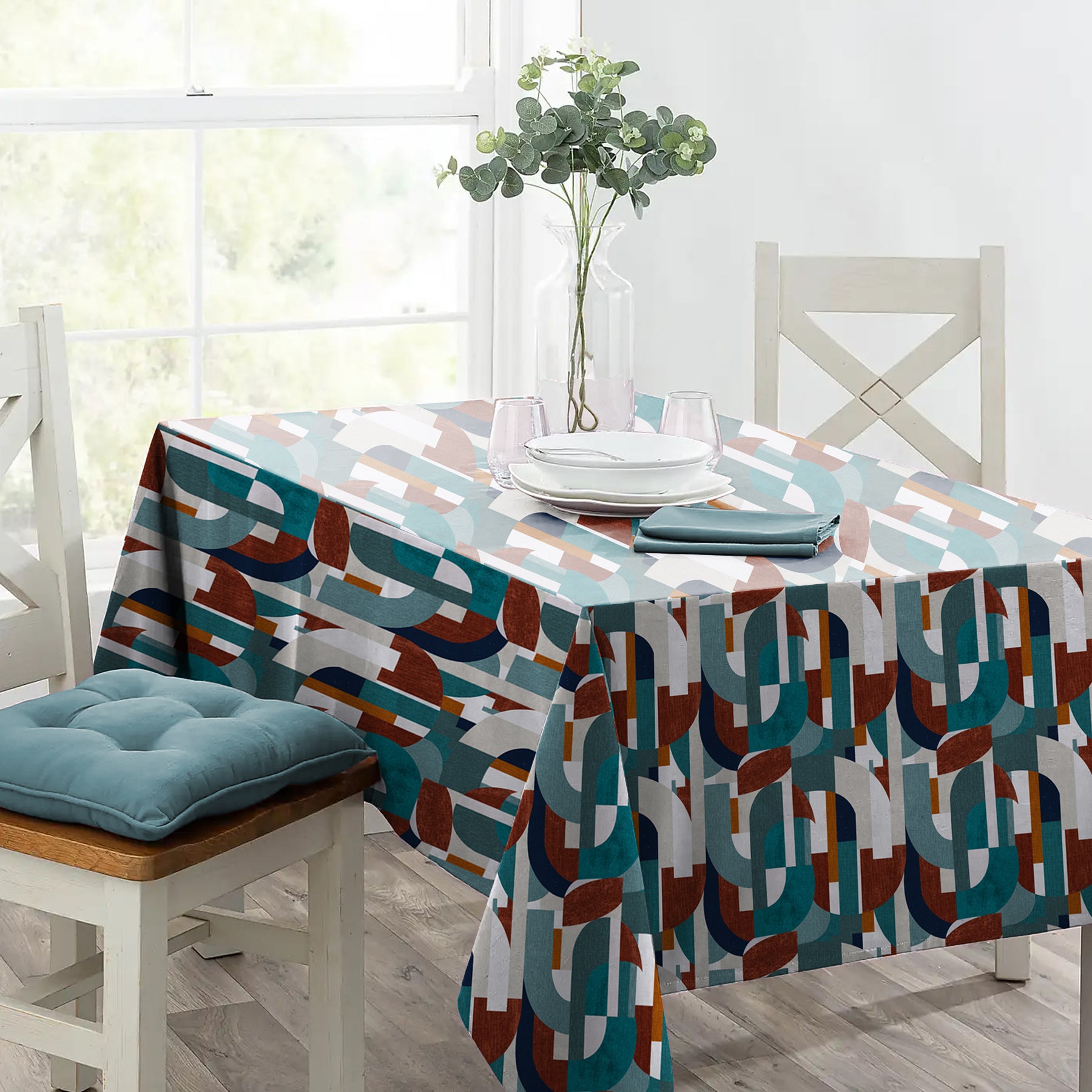 ILLUSION CURVES 6 SEATER TABLE CLOTH TEAL/BROWN