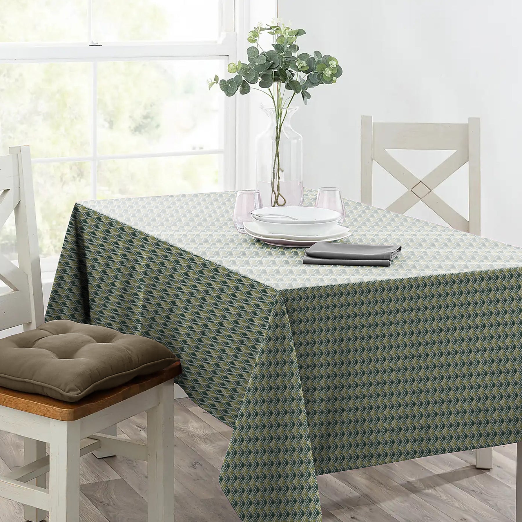 ILLUSION MULTI TRIANGLE 6 SEATER TABLE CLOTH OLIVE/GREEN