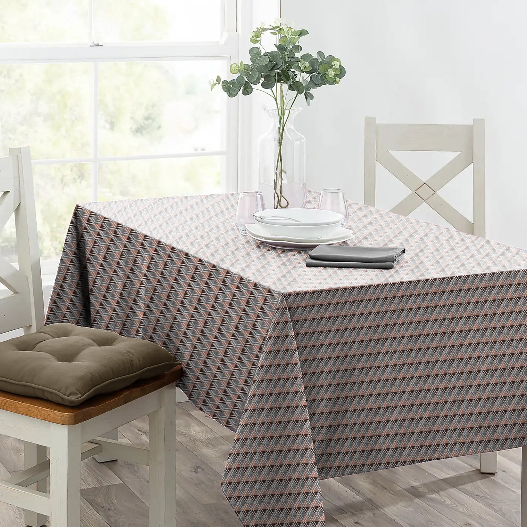 ILLUSION MULTI TRIANGLE 6 SEATER TABLE CLOTH TERRACOTTA/COFFEE