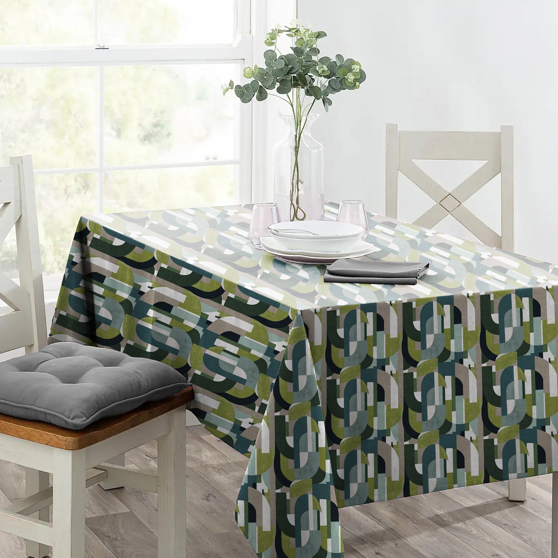 ILLUSION CURVES 6 SEATER TABLE CLOTH TEAL/OLIVE