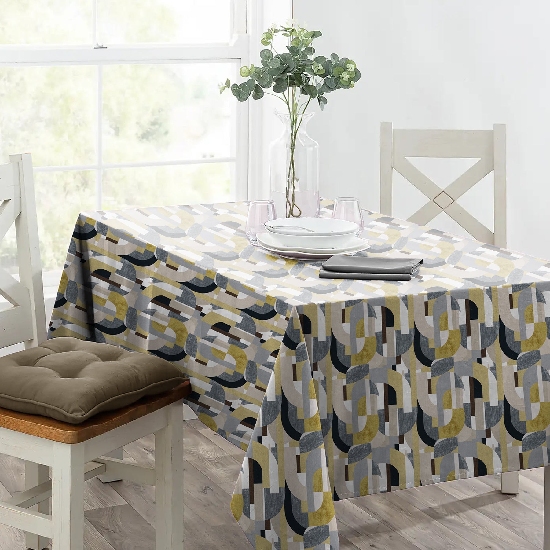 ILLUSION CURVES 6 SEATER TABLE CLOTH YELLOW/GREY