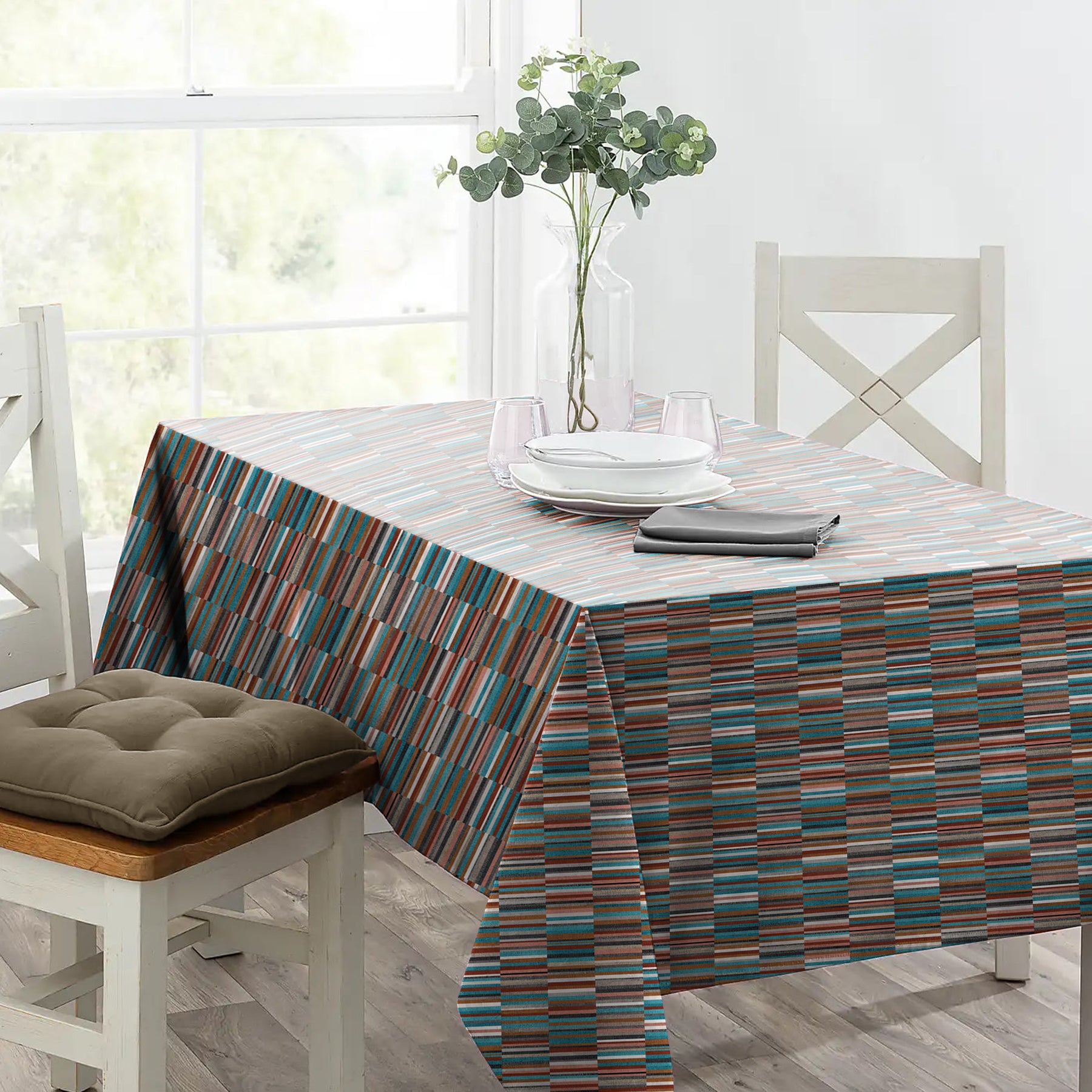 ILLUSION DASH 6 SEATER TABLE CLOTH BLUE/CAMEL