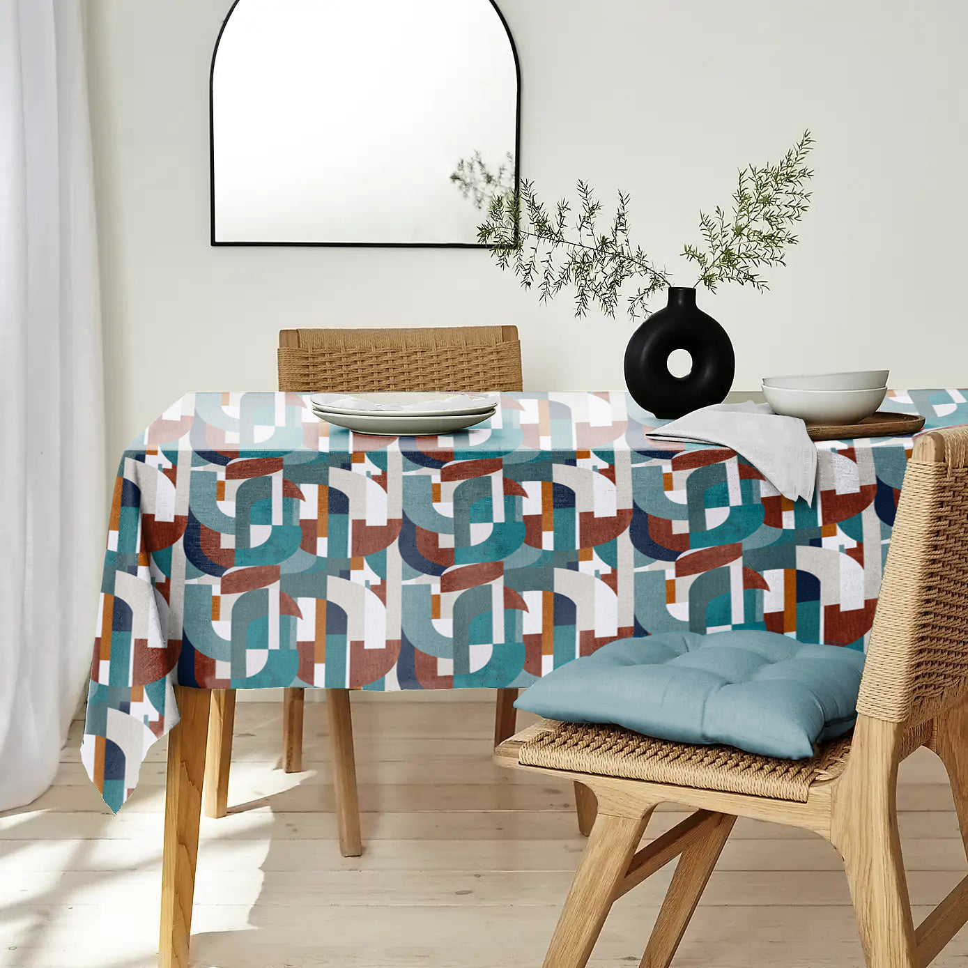 ILLUSION CURVES 6 SEATER TABLE CLOTH TEAL/BROWN