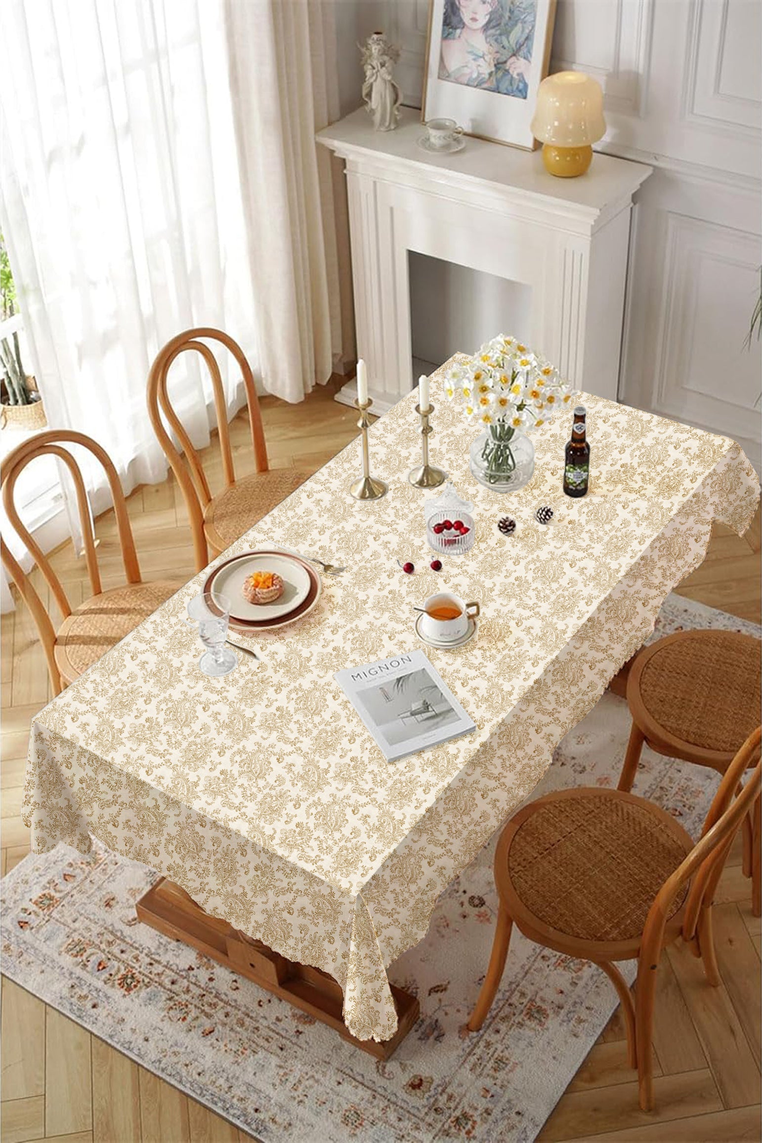 Jodhpur Flowers 6 Seater Table Cloth White And Camel