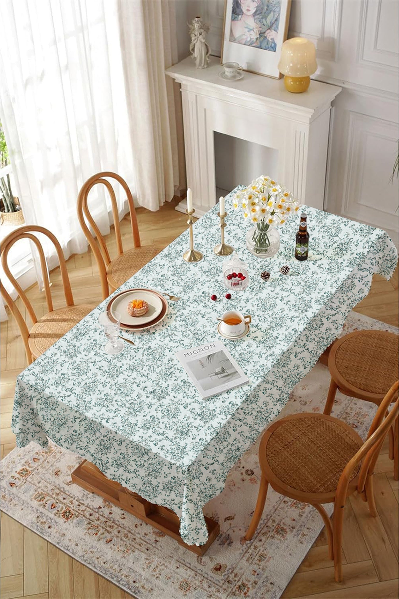 Jodhpur Flowers 6 Seater Table Cloth White And Teal