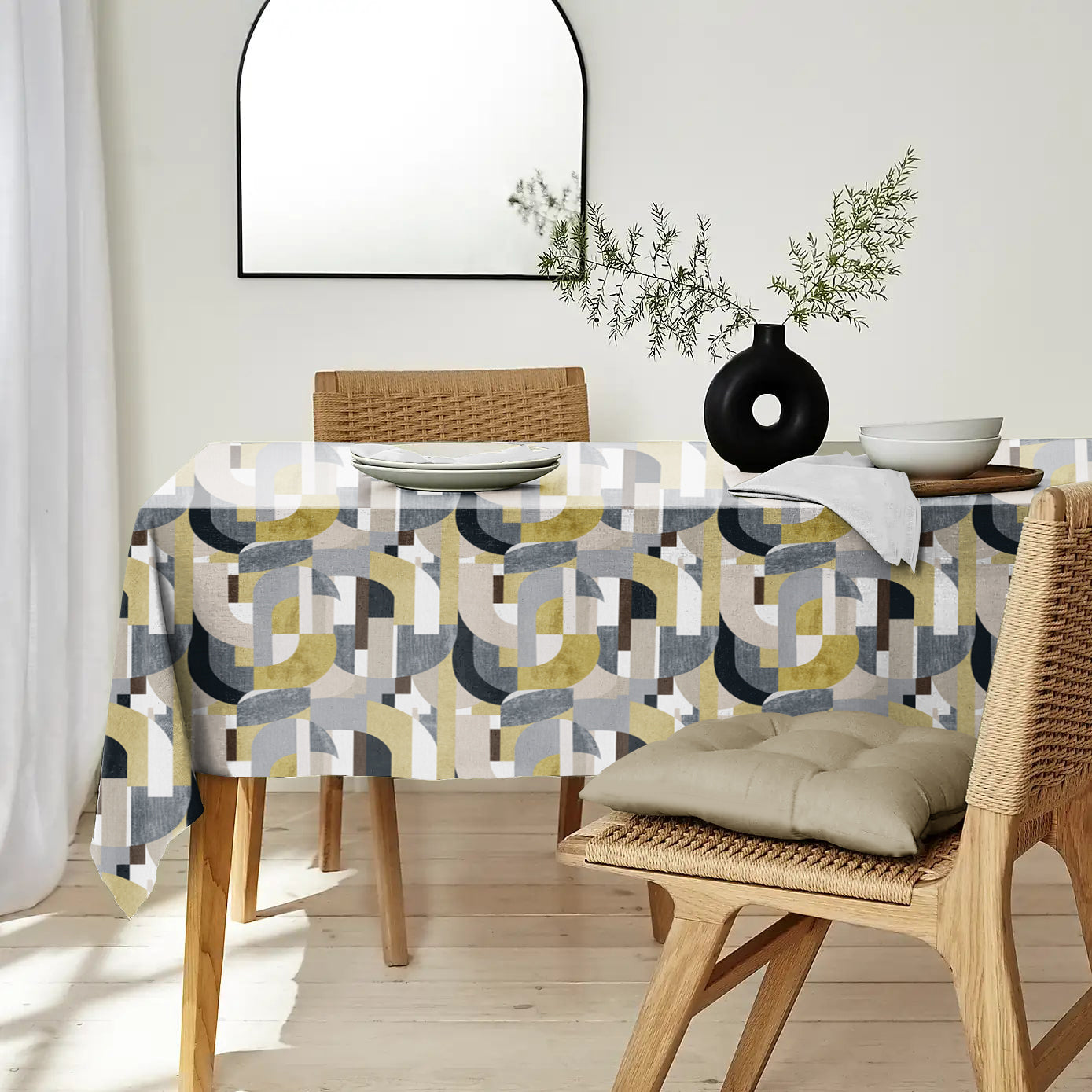 ILLUSION CURVES 6 SEATER TABLE CLOTH YELLOW/GRAY