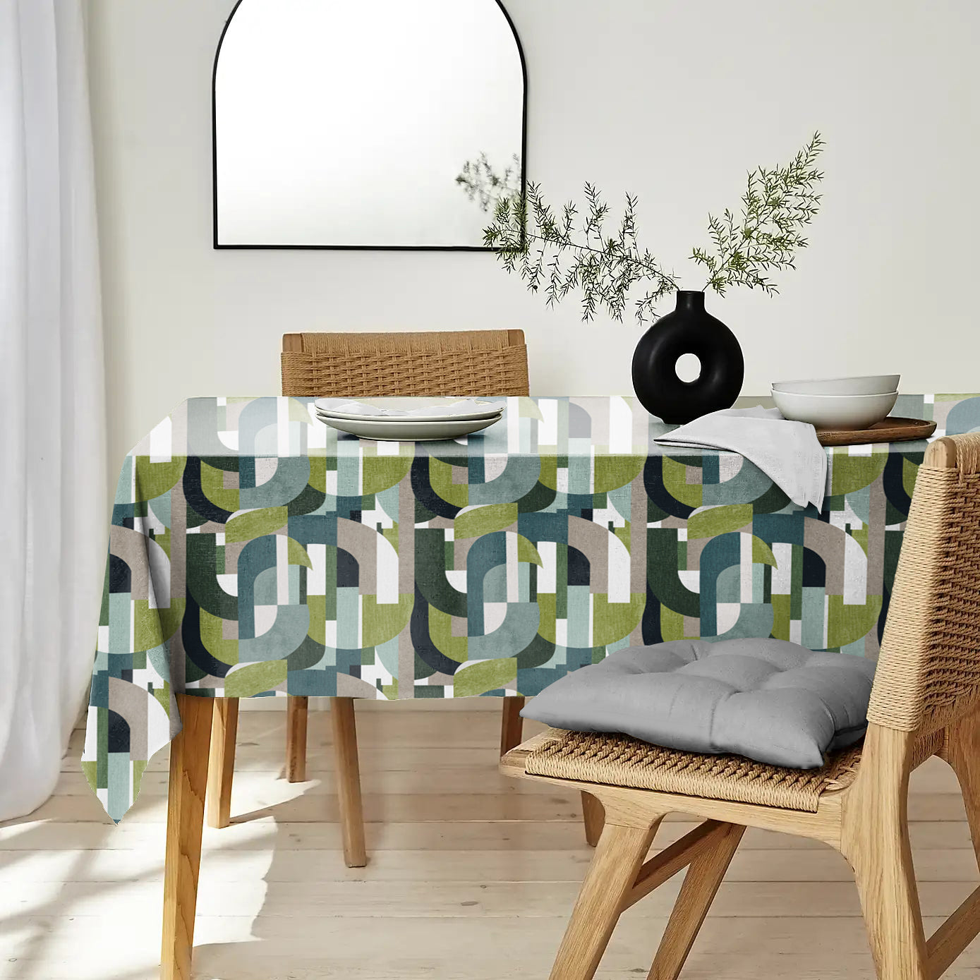 ILLUSION CURVES 6 SEATER TABLE CLOTH TEAL/OLIVE