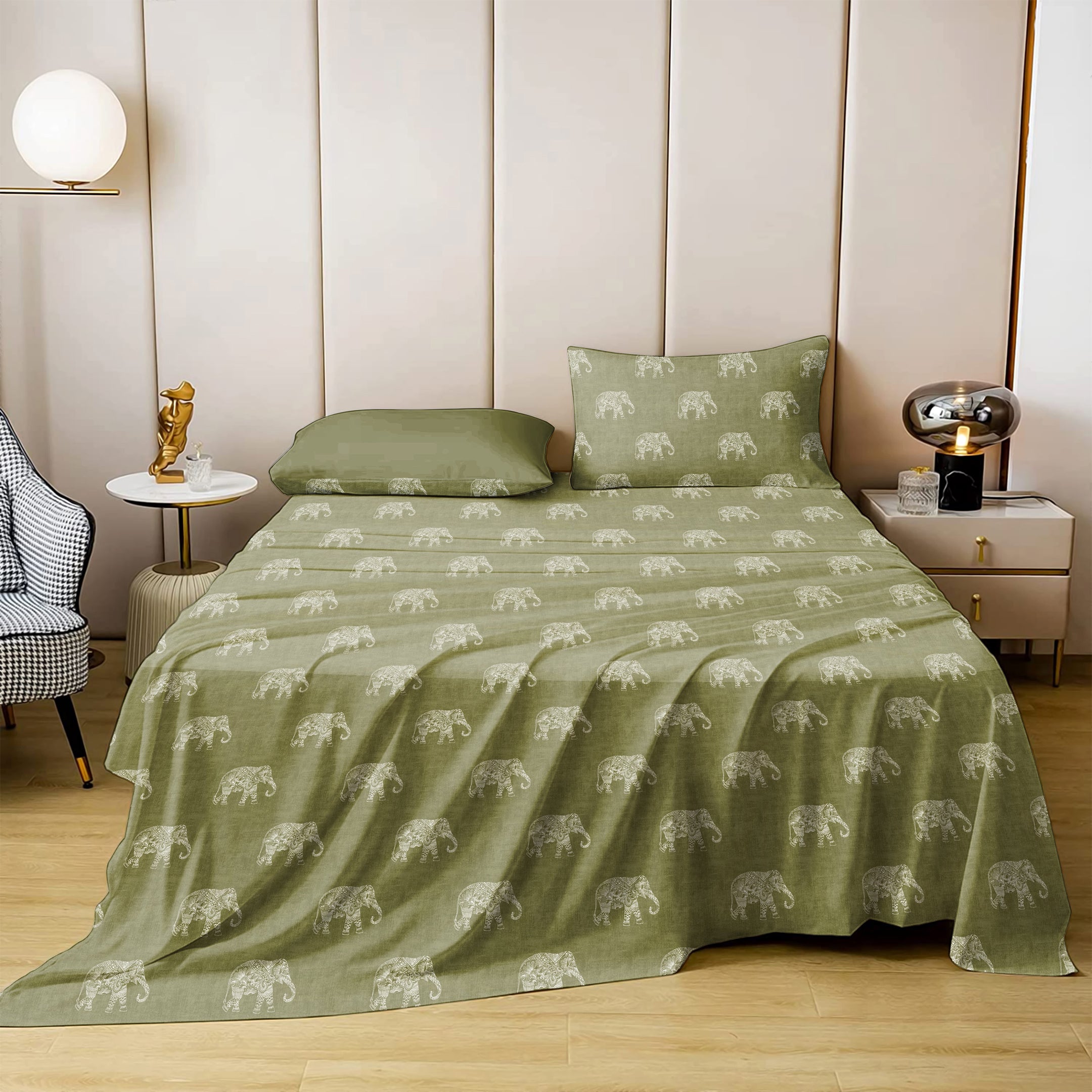 Jodhpur Elephant Bedsheet for Double Bed with 2 PillowCovers King Size (104" X 90") Olive