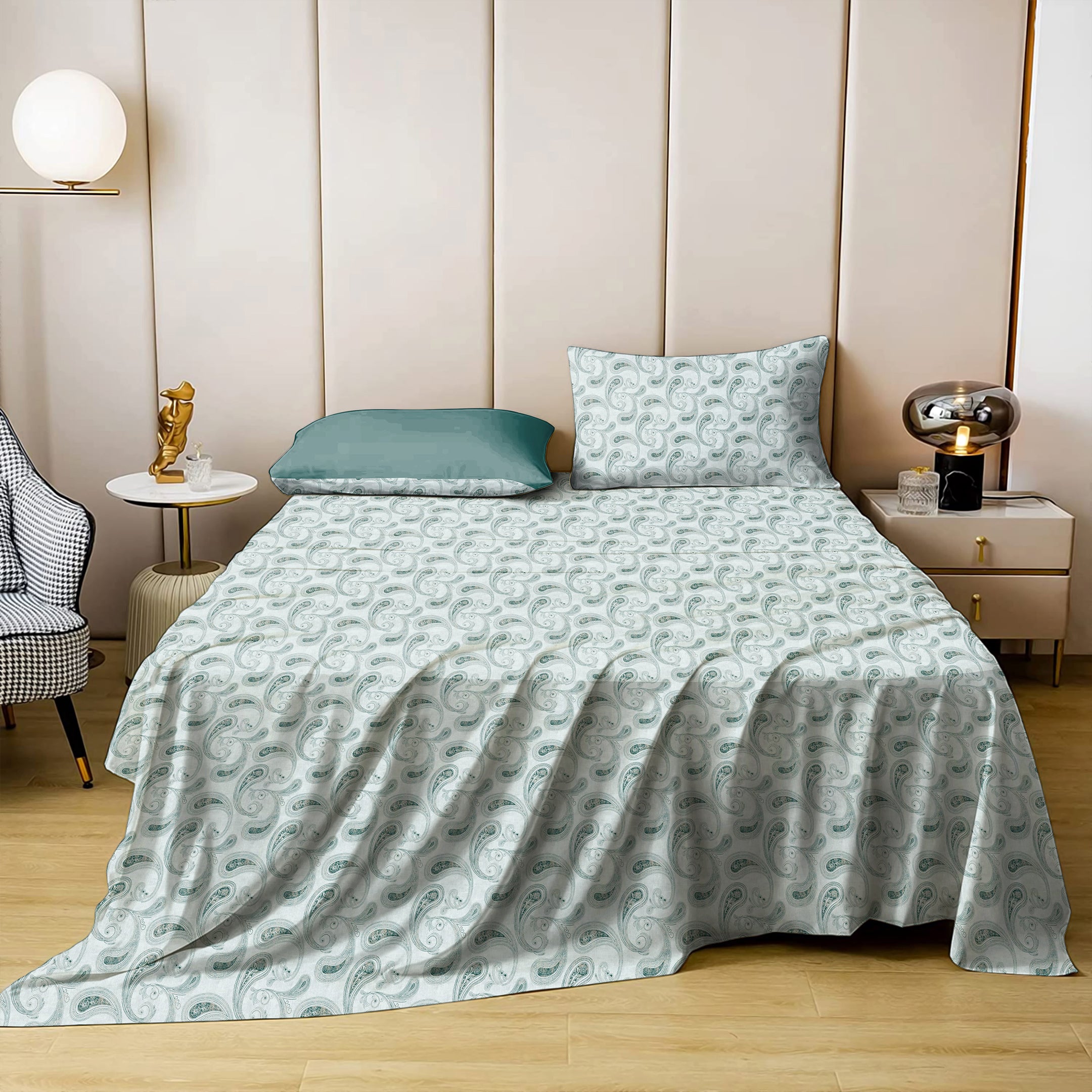 Jodhpur Paisley Bedsheet for Double Bed with 2 PillowCovers King Size (104" X 90") White/Blue
