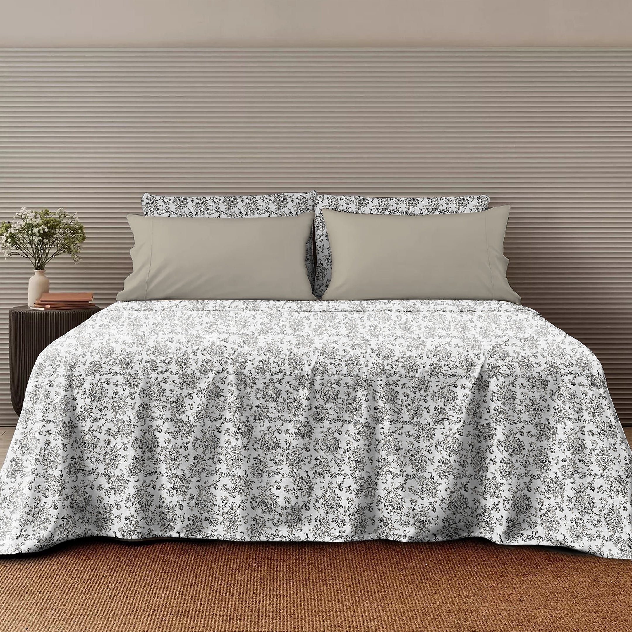 Jodhpur Flowers Bedsheet for Double Bed with 2 PillowCovers King Size (104" X 90") White And Black