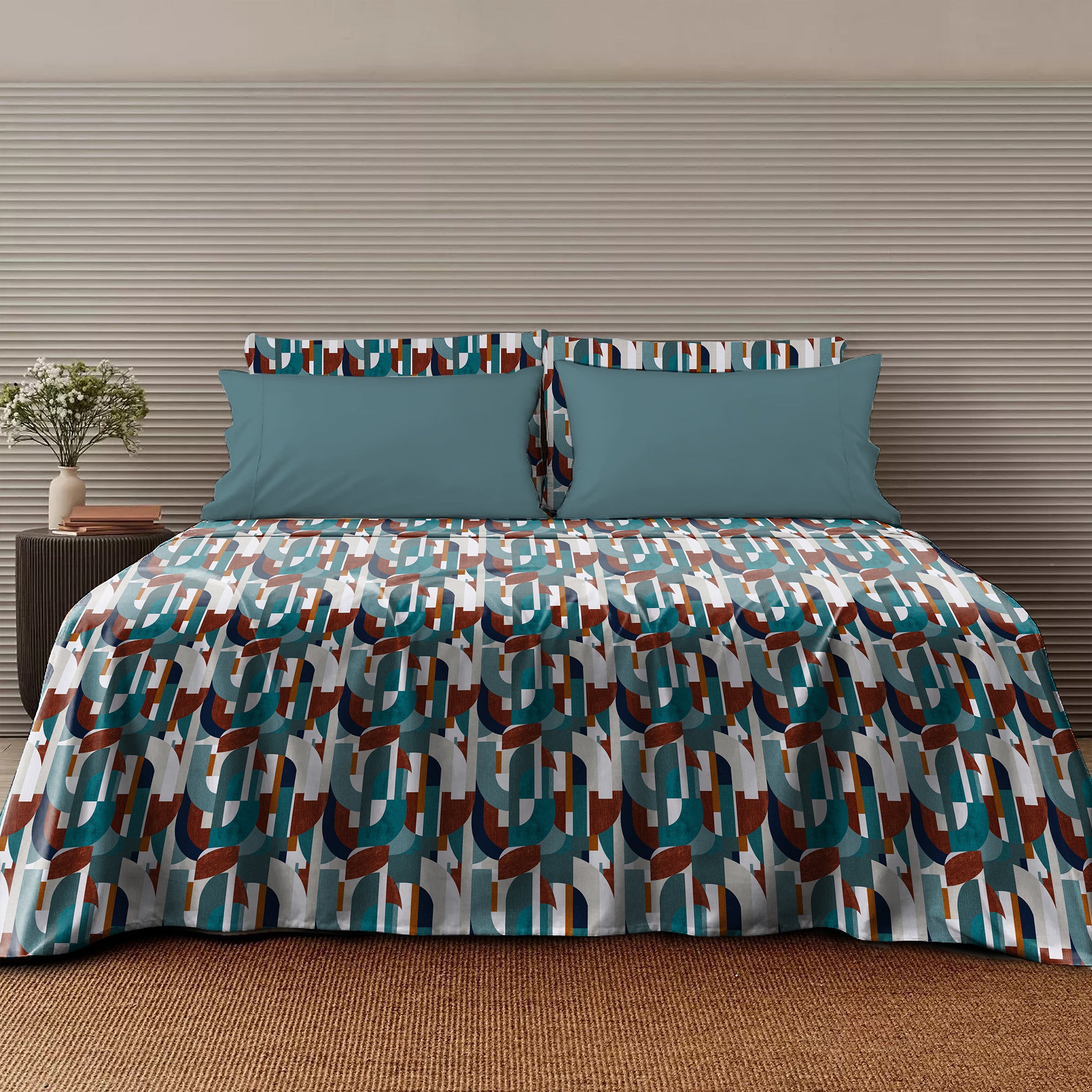 Illusion Curves Bedsheet For Double Bed with 2 PillowCovers King Size (104" X 90") Teal/Brown