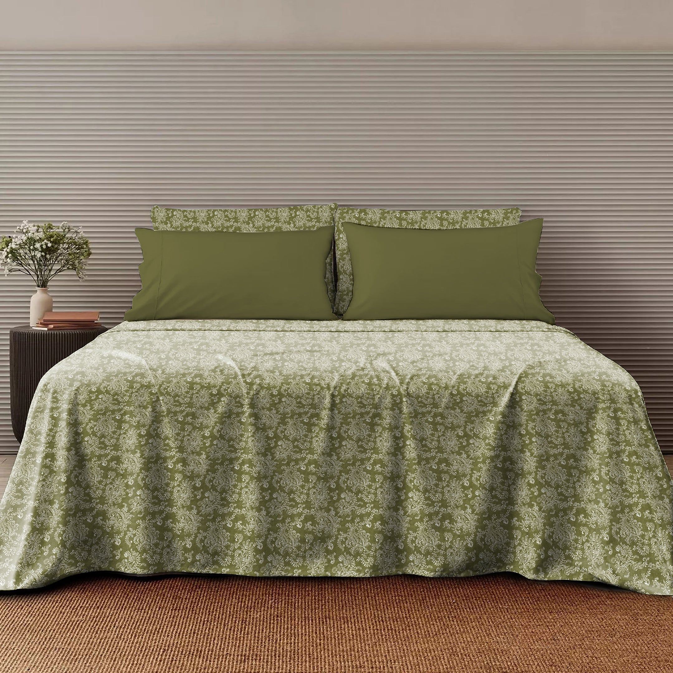 Jodhpur Flowers Bedsheet for Double Bed with 2 PillowCovers King Size (104" X 90") Olive