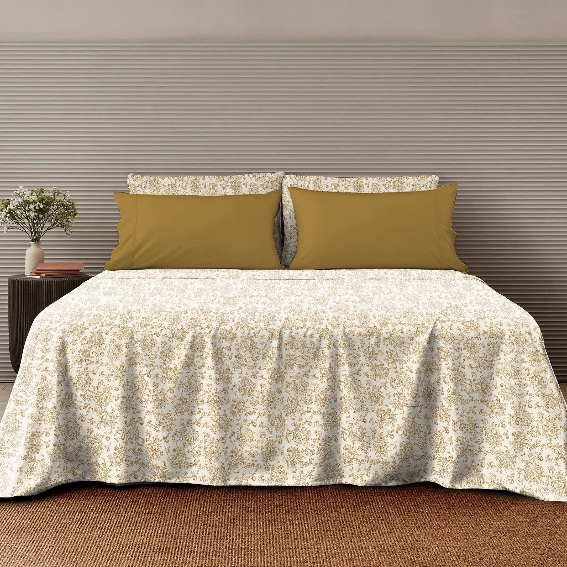 Jodhpur Flowers Bedsheet for Double Bed with 2 PillowCovers King Size (104" X 90") White And Camel