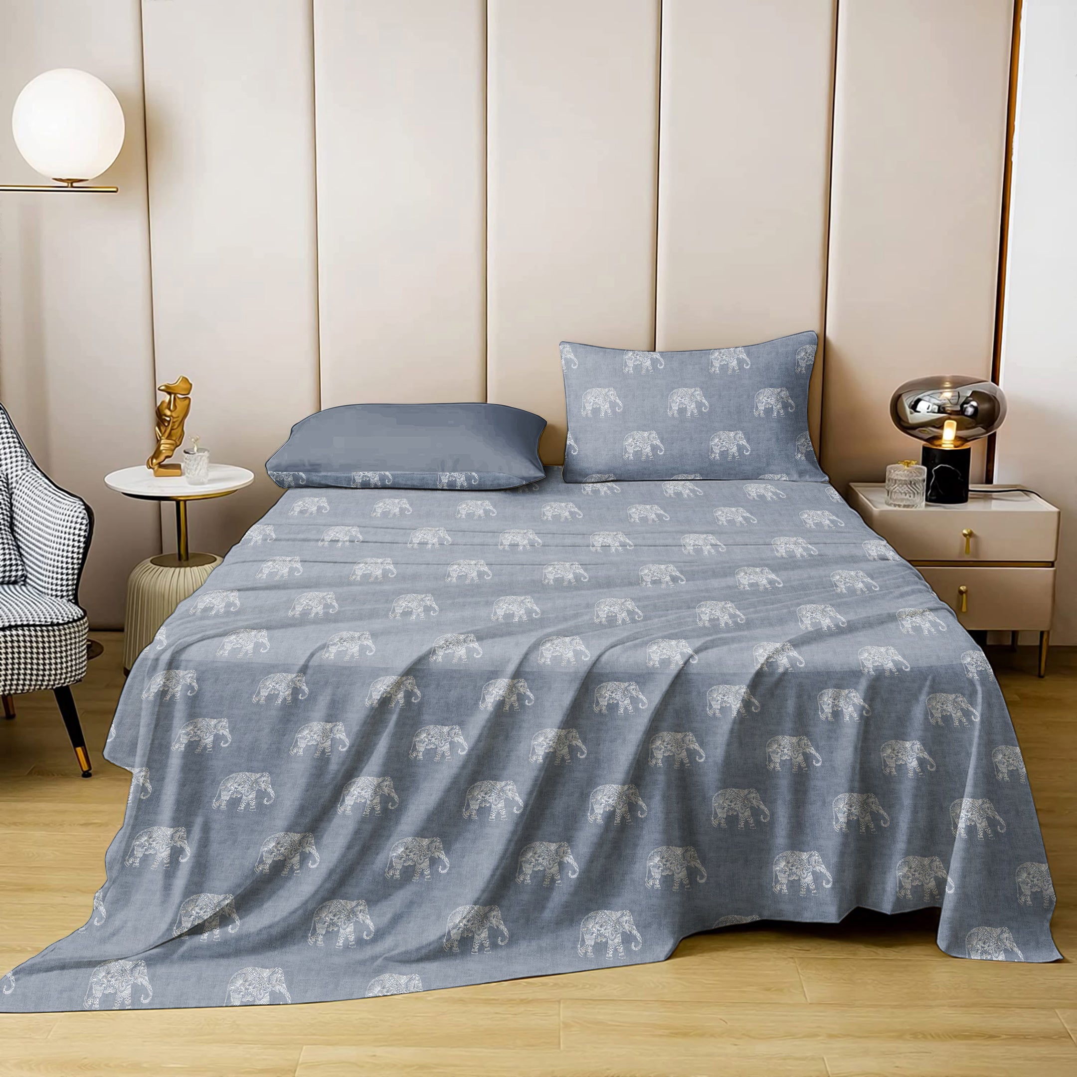 Jodhpur Elephant Bedsheet for Double Bed with 2 PillowCovers King Size (104" X 90") Indigo