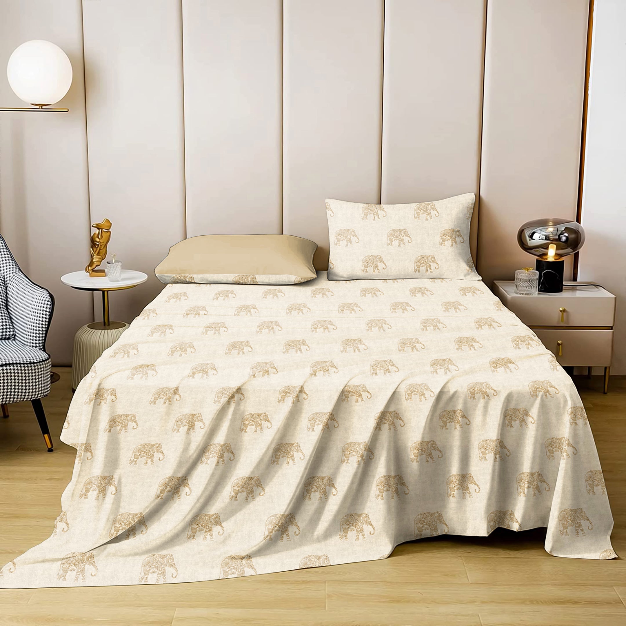 Jodhpur Elephant Bedsheet for Double Bed with 2 PillowCovers King Size (104" X 90") Biscuit