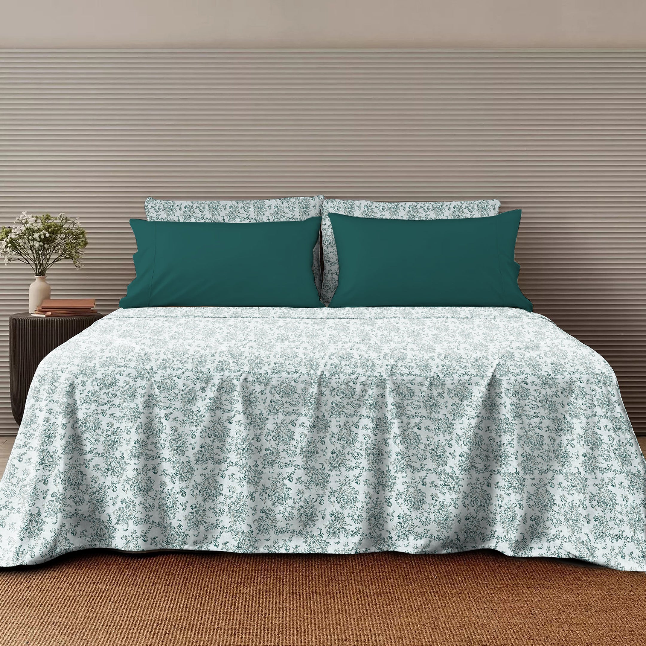 Jodhpur Flowers Bedsheet for Double Bed with 2 PillowCovers King Size (104" X 90") White And Teal