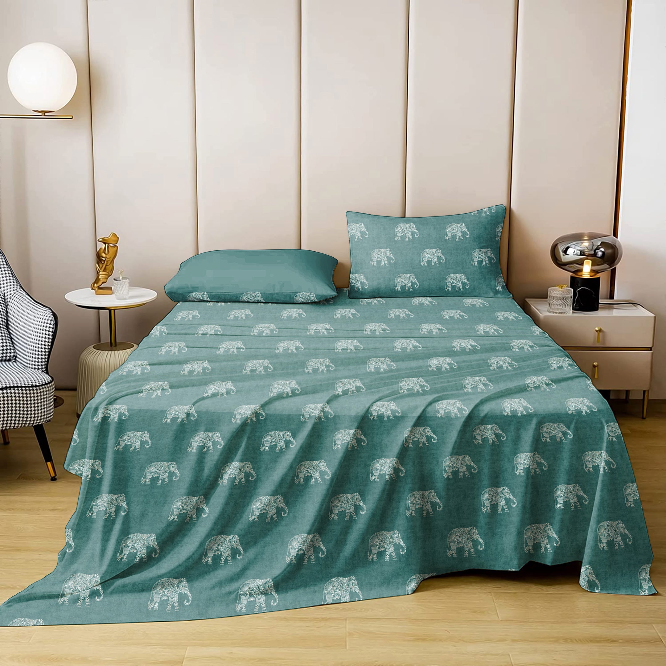 Jodhpur Elephant Bedsheet for Double Bed with 2 PillowCovers King Size (104" X 90") Teal