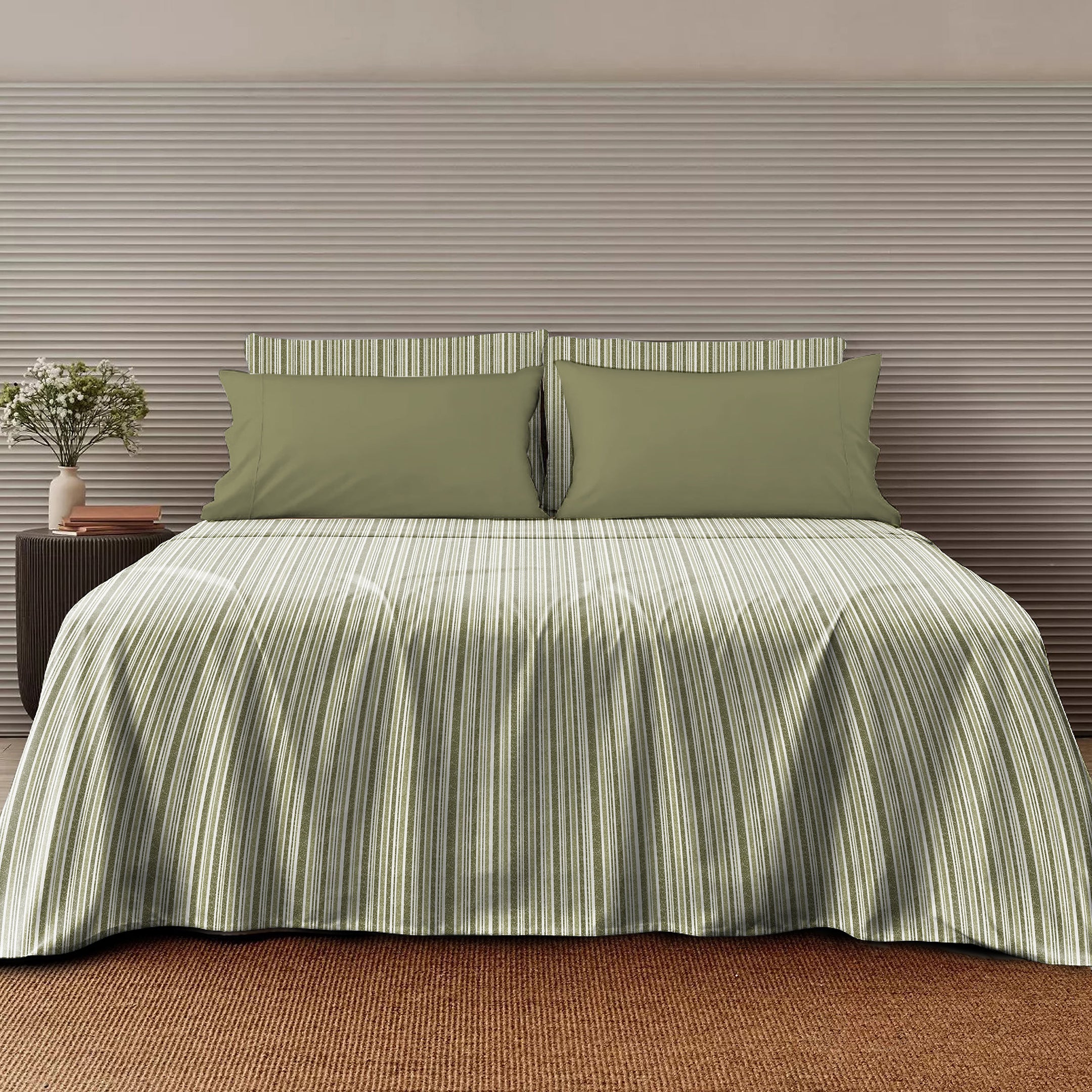 Jodhpur Stripe Bedsheet For Double Bed With 2 PillowCovers King Size (104" X 90") Olive