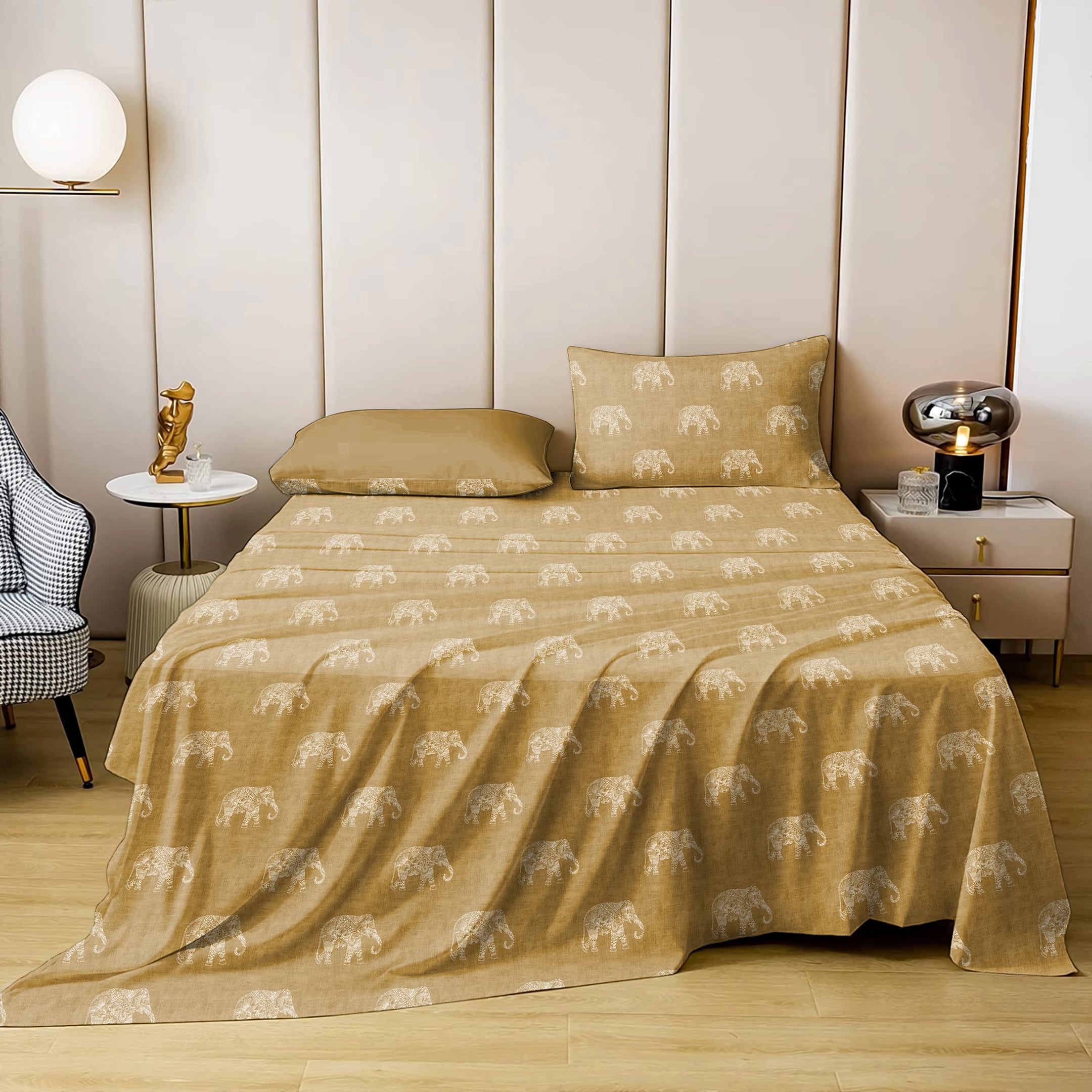 Jodhpur Elephant Bedsheet for Double Bed with 2 PillowCovers King Size (104" X 90") Camel