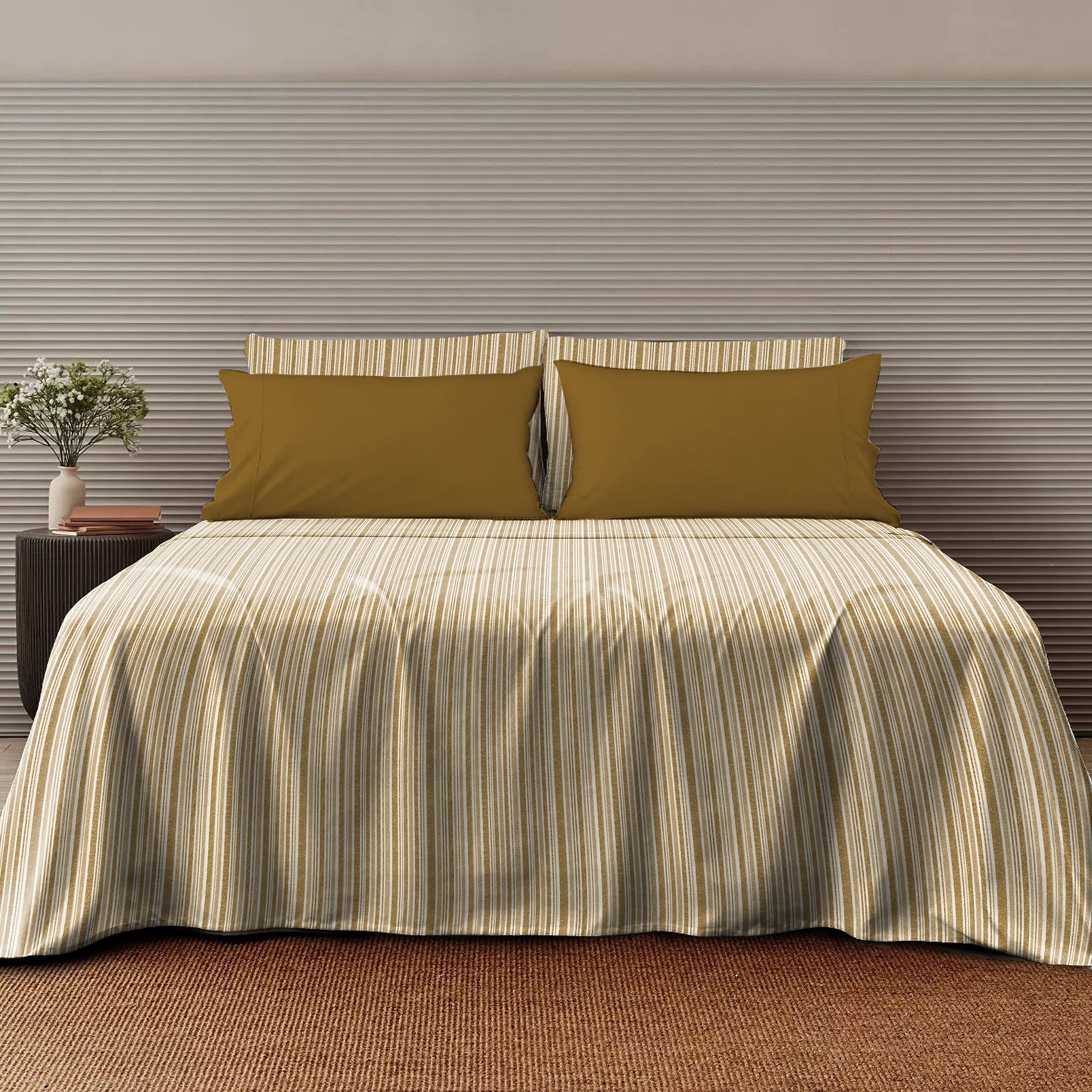 Jodhpur Stripe Bedsheet for Double Bed with 2 PillowCovers King Size (104" X 90") Camel