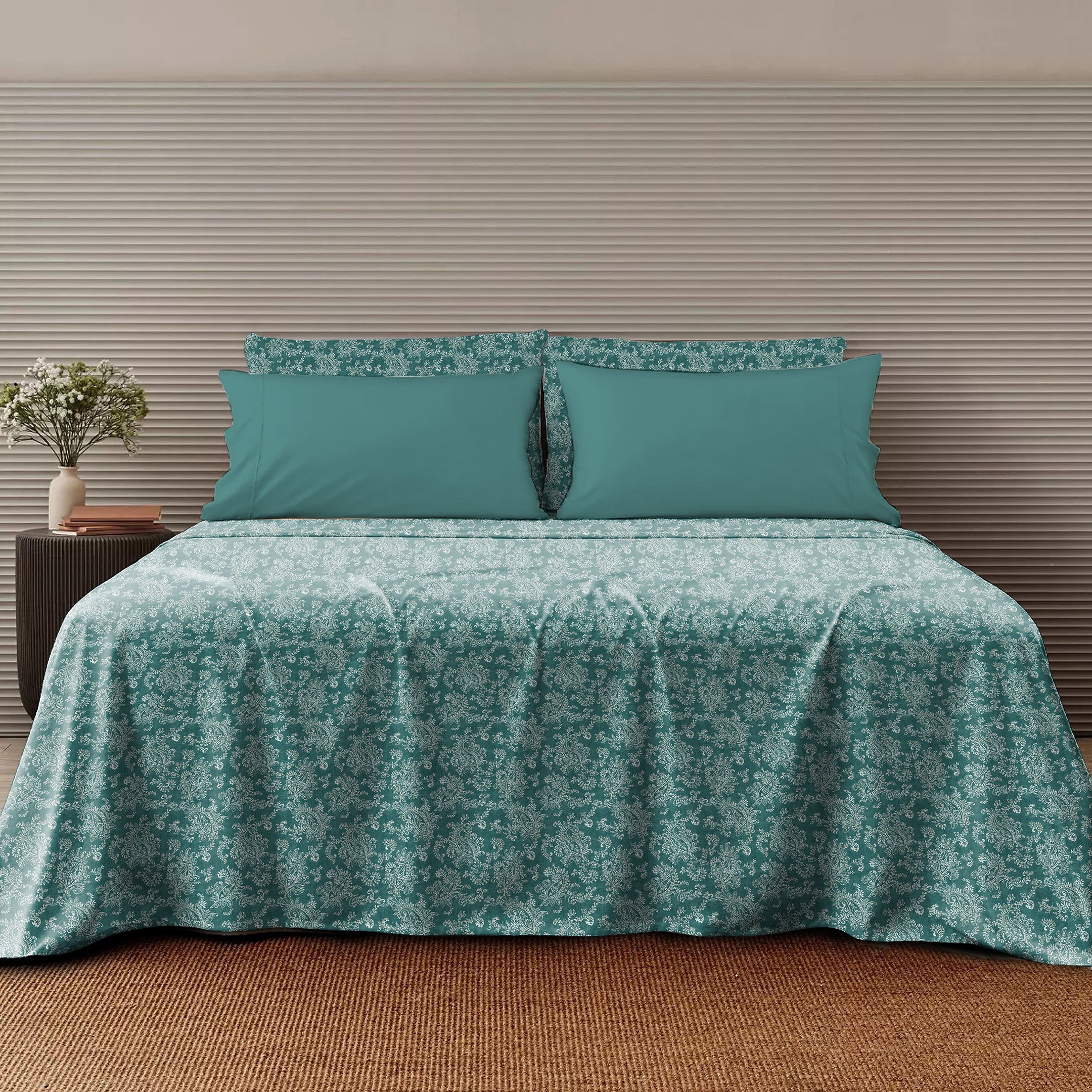Jodhpur Flowers Bedsheet for Double Bed with 2 PillowCovers King Size (104" X 90") Teal