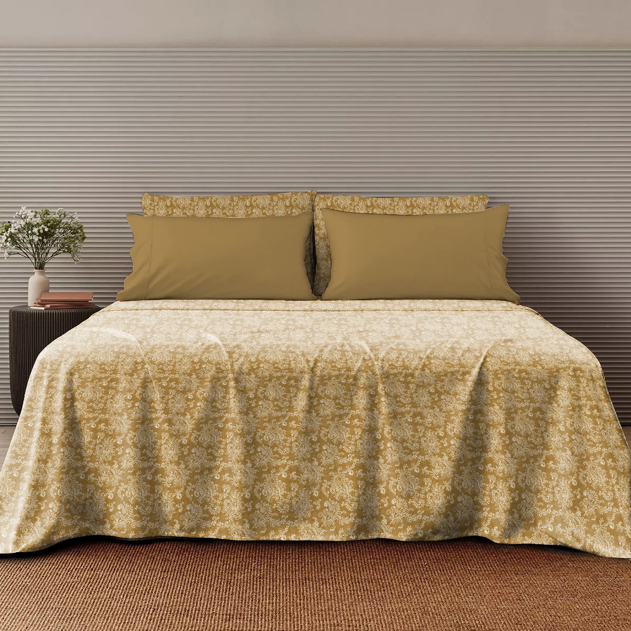 Jodhpur Flowers Bedsheet for Double Bed with 2 PillowCovers King Size (104" X 90") Camel
