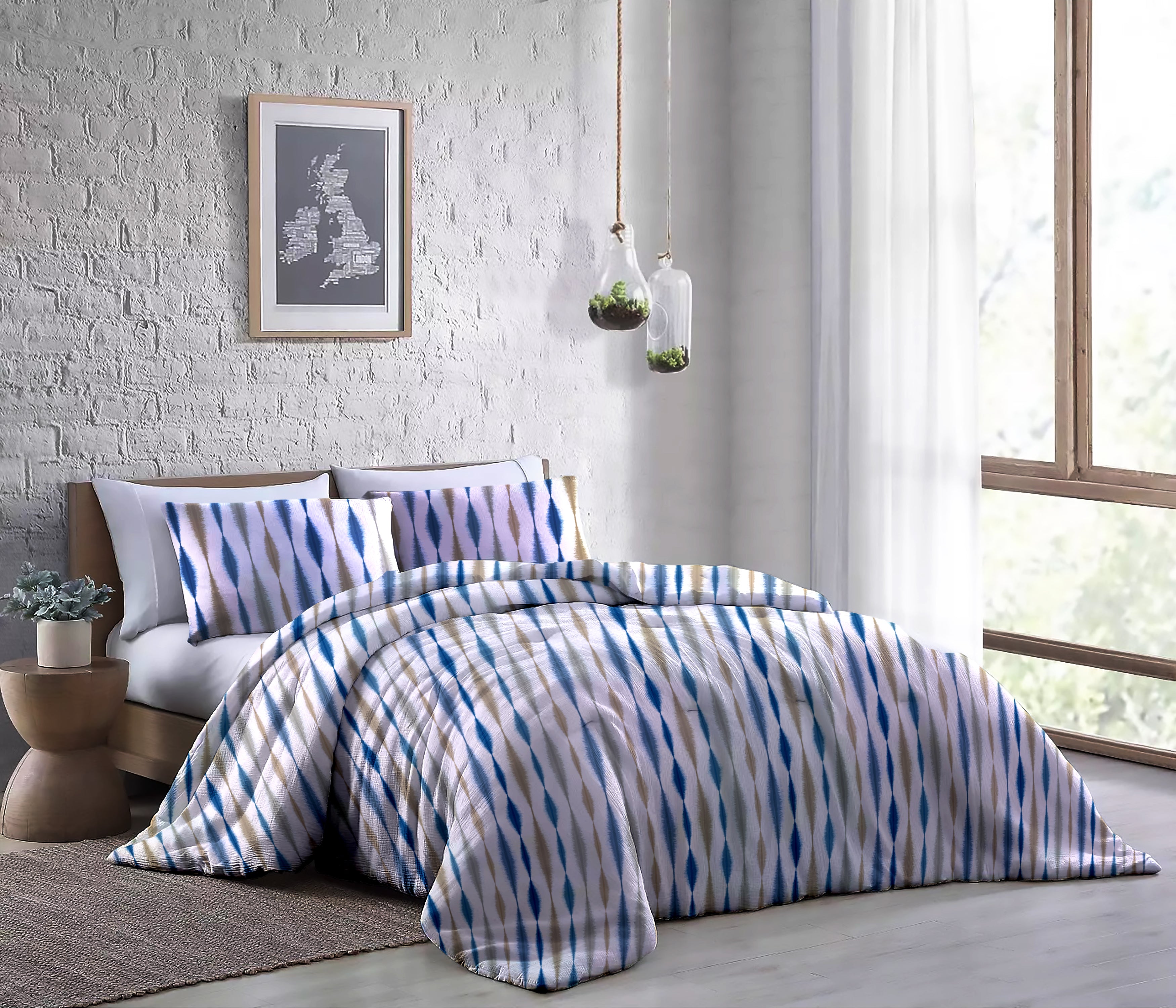 Comforter # Quilt # Duvet - Silo Blue &amp; Beige 60&quot; x 90&quot; with 2 pcs of Pillow Covers