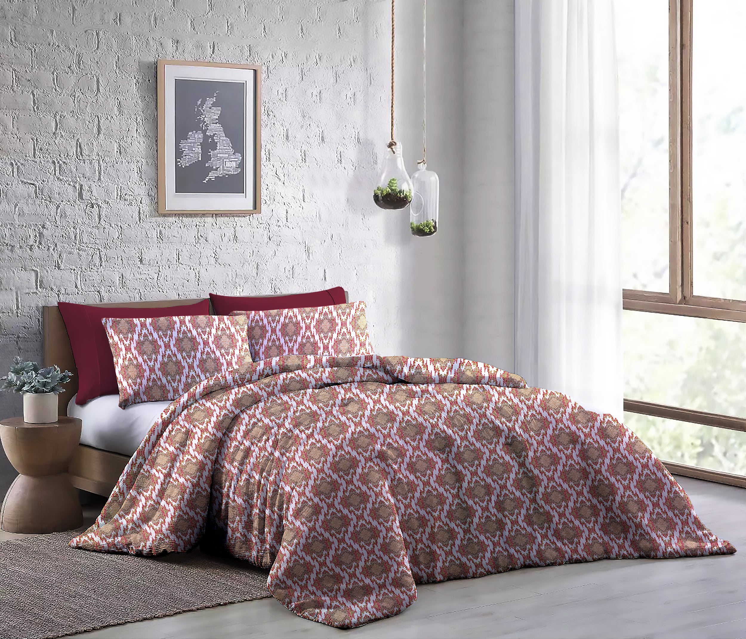 Comforter # Quilt # Duvet - Alma Red &amp; Cream 60&quot; x 90&quot; with 2 pcs of Pillow Covers
